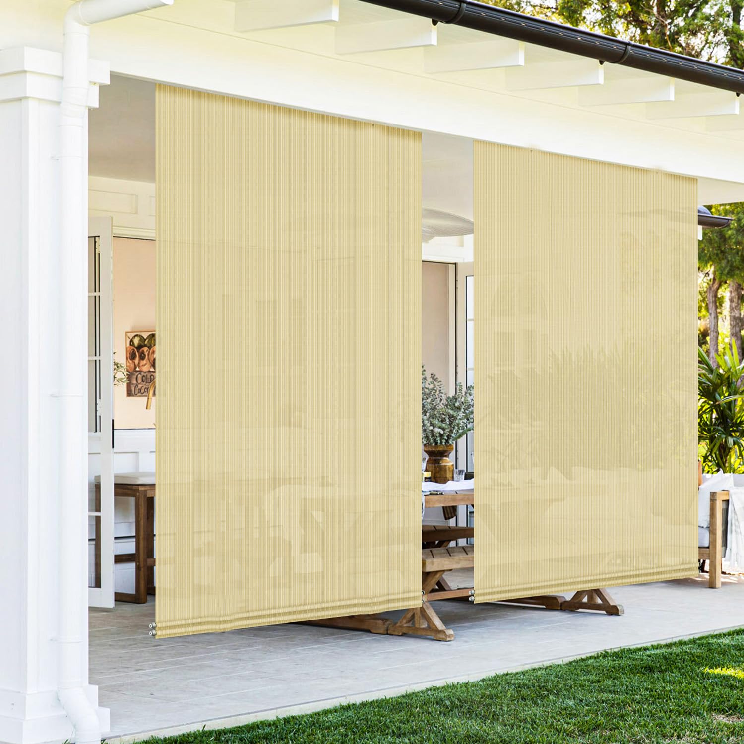 AwnPro 7'W x 6'H Outdoor Shade Blinds Patio Roll Up Blackout Shades Exterior Roller Privacy Screen for Pergola Balcony Porch Carport Deck Window ?Beige?