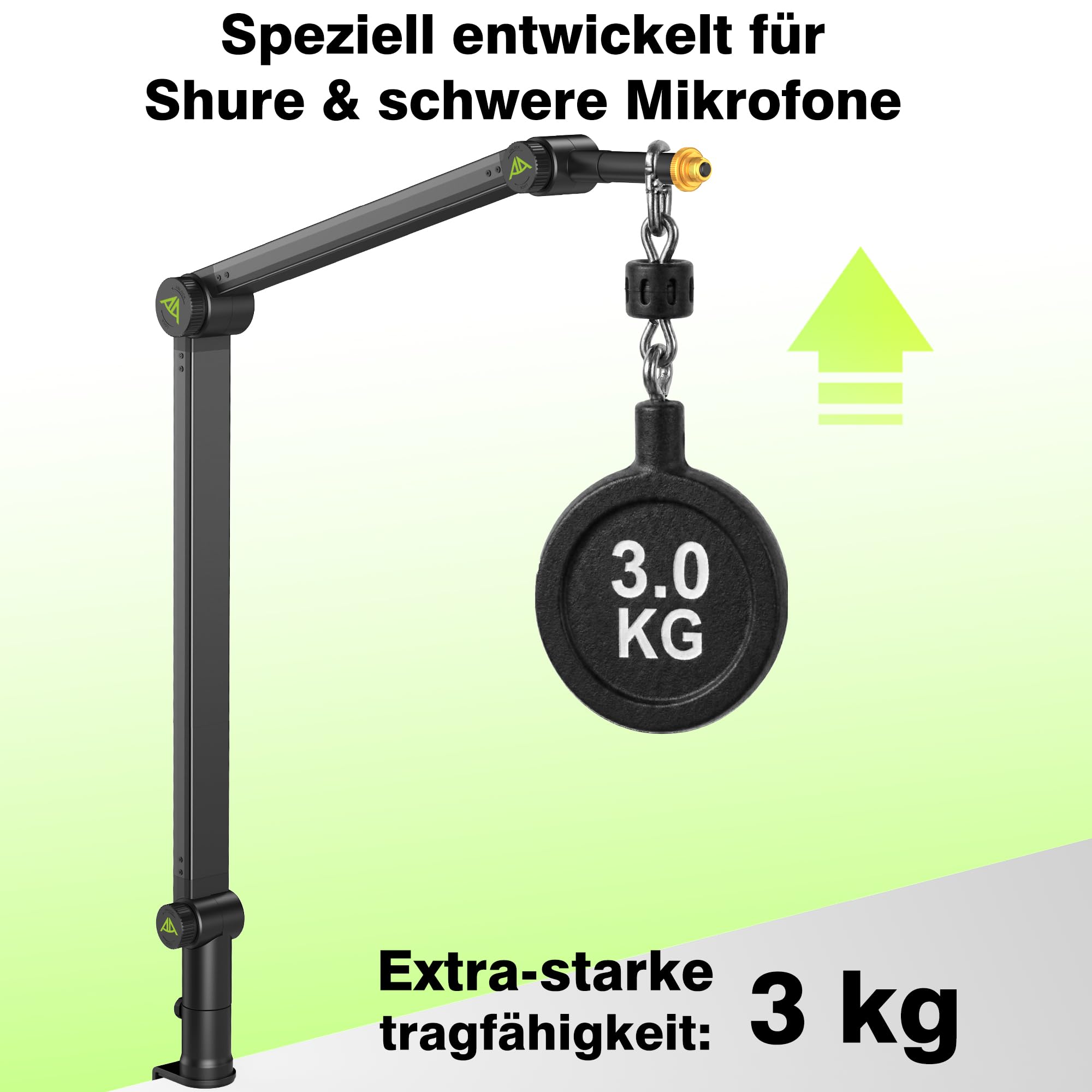 AA AUDIO ACCESSORY Passend für Shure SM7B, SM7dB & MV7 – Mikrofon-Arm ohne Durchhängen, 950 mm Reichweite, 3 kg Tragkraft, Zahnrad-Verriegelung Tischhalterung, kompatibel mit Blue Yeti, Rode & Co.