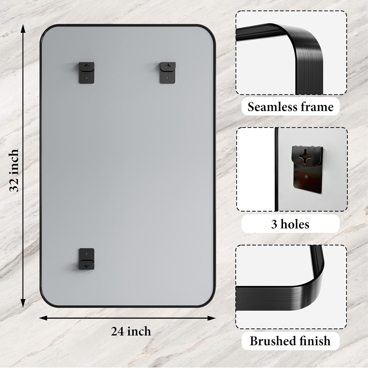 Matte Black Metal Framed Vanity Rounded Rectangle Bathroom 24X32 Inch Mirrors for Over Sink Wall,Modern Decorative for Restroom, Anti-Rust Aluminum Alloy Mirror, Horizontally or Vertically Hanging