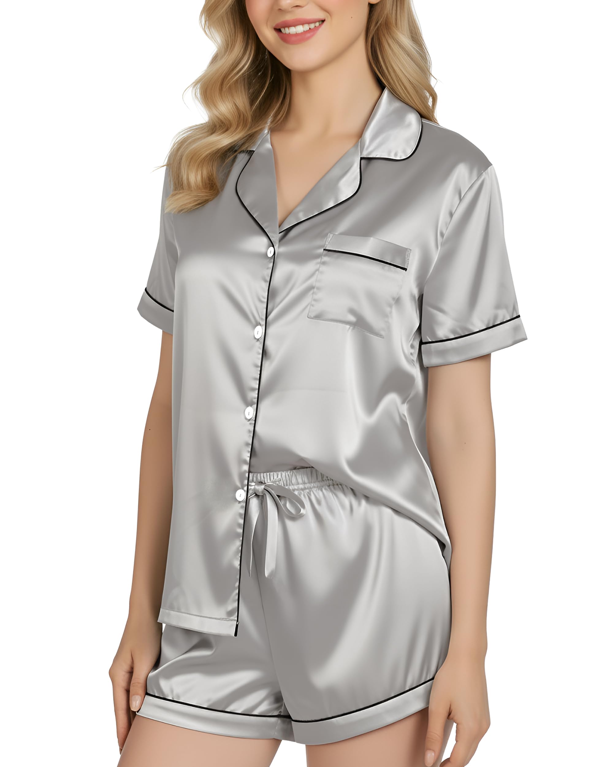 NY Threads Women's Silk Satin Pajamas Set Button Down Top and Shorts 2 Piece Sleepwear Loungewear Pjs Set, XX Large, Grey
