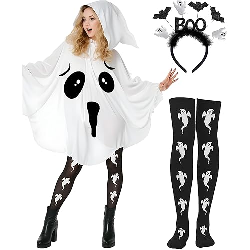 Halloween Ghost Costume Women,Ghost Poncho Adult Spooky Ghosts Costume White Ghosts Hooded Cape Headband Stockings for Halloween Role-playing Accessories
