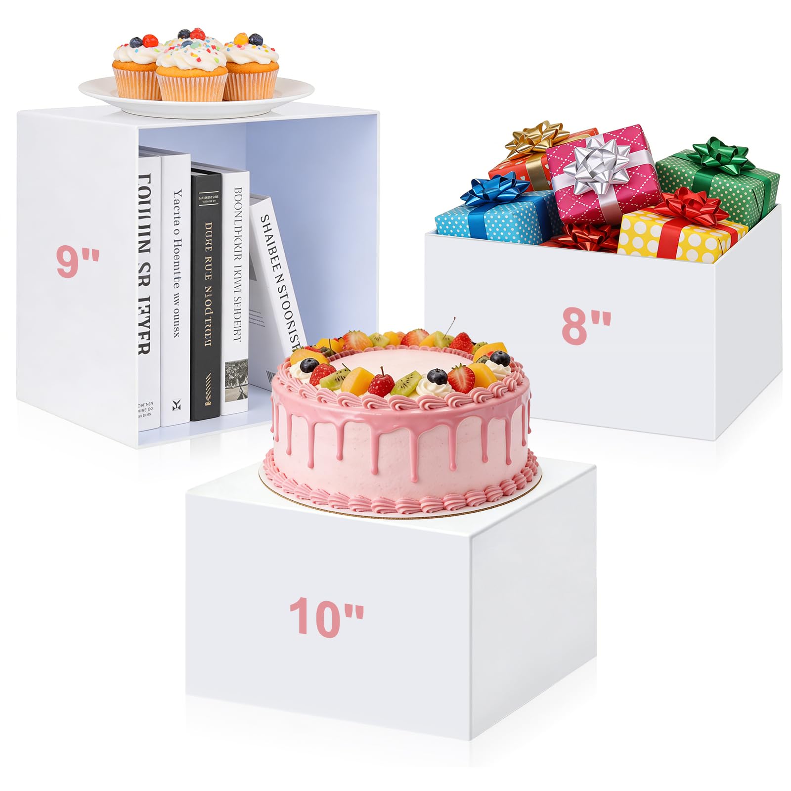 Acrylic Buffet Risers 3 Pcs 8x9x10 Inch Food Cake Display Riser w/ Signs a Pen Catering Dessert Jewelry Figures Rack Collectible Table Decor Fruit Bread Container Display Stand White Cube Showcase Box