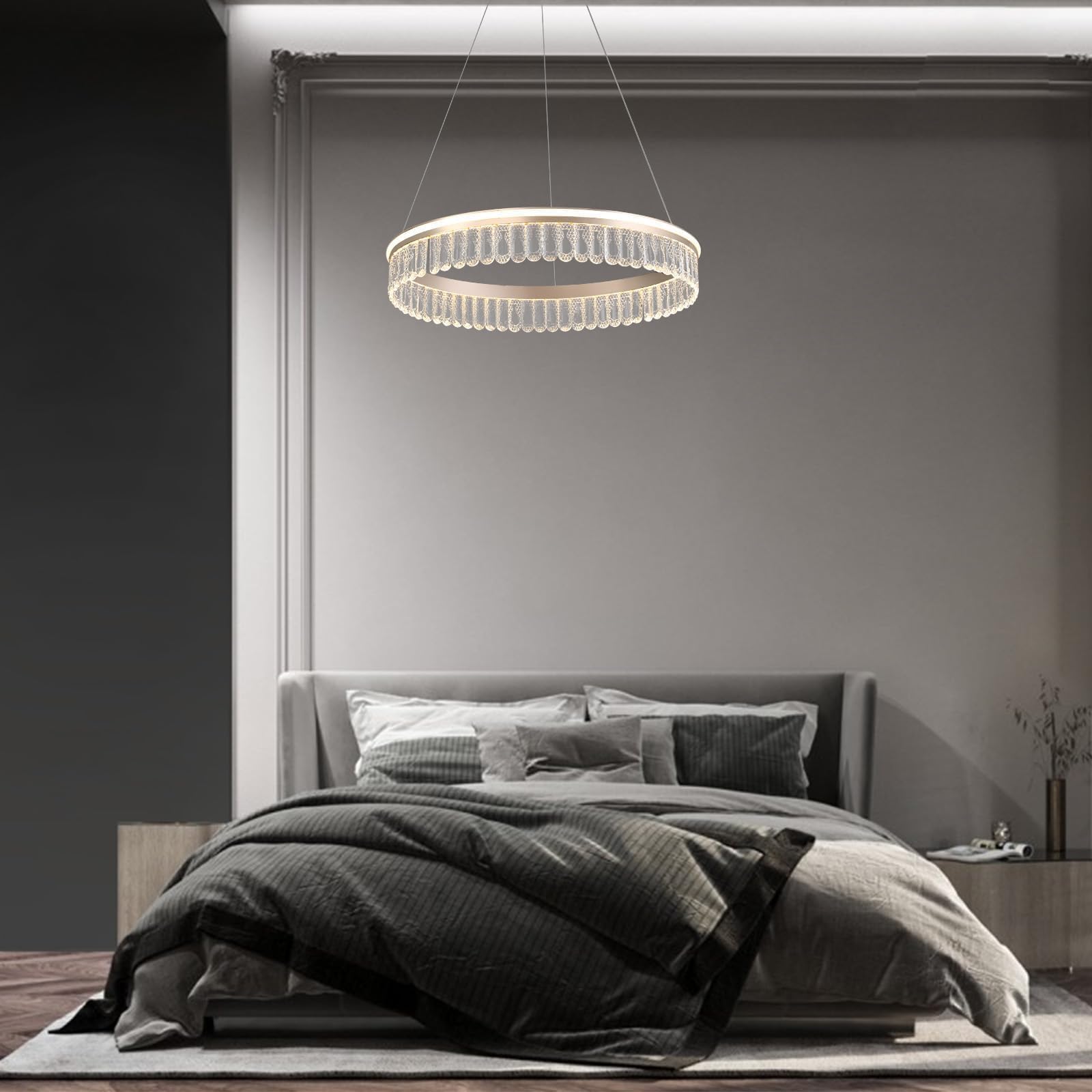 Lampadario Di Cristallo D'Oro,60Cm Rotonda Lampadario Led,Moderno Lampadari Cucina 3000K-6000K Dimmable Luce,Lampadari Sospensione Per Camera Da Letto Cucina Hall,30W
