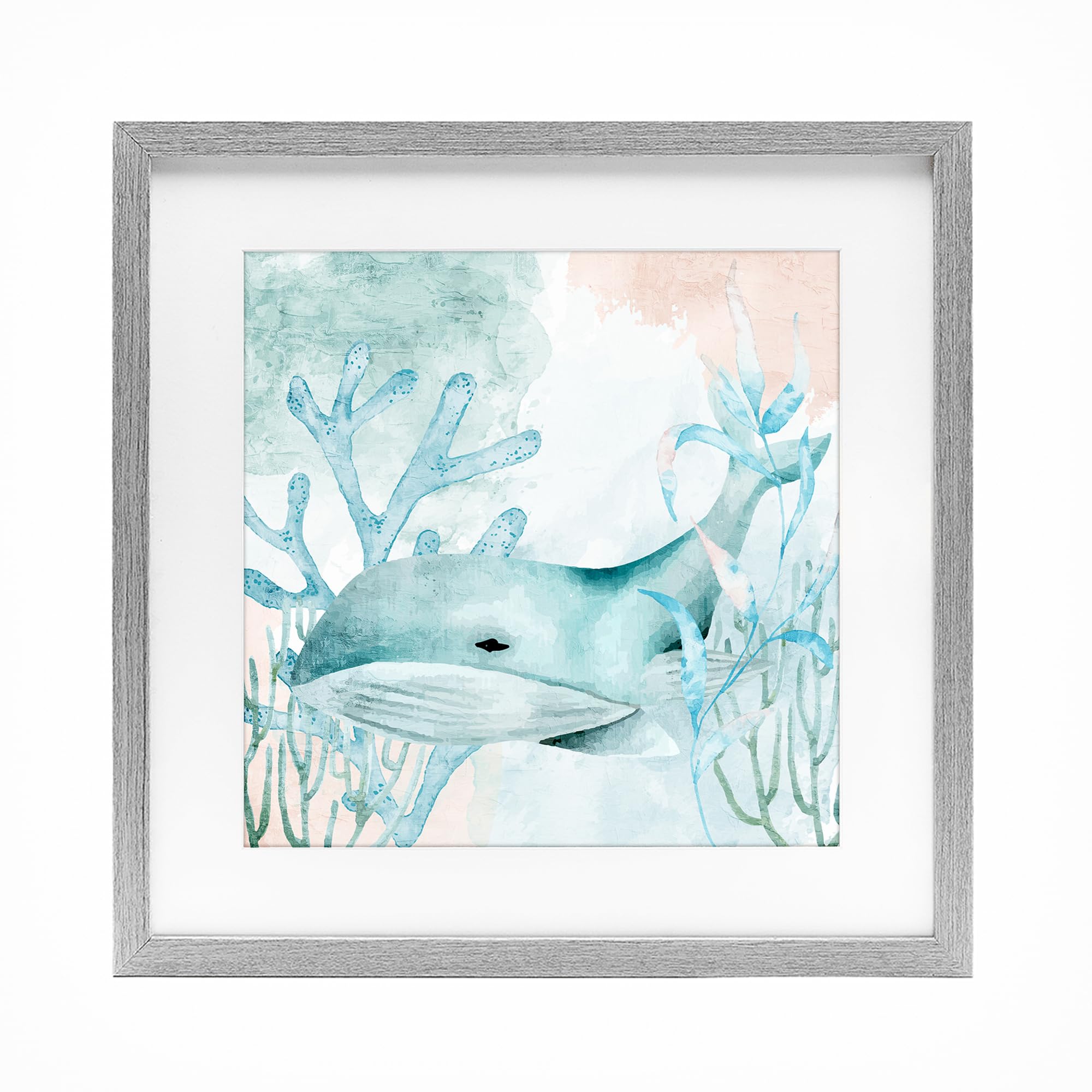 Stupell Industries 'Whale Sea Swim', Framed Print Under Glass, Gray, 13 x 13 Inches, Easy to Hang and Sturdy, Made in USA, by Kim Allen