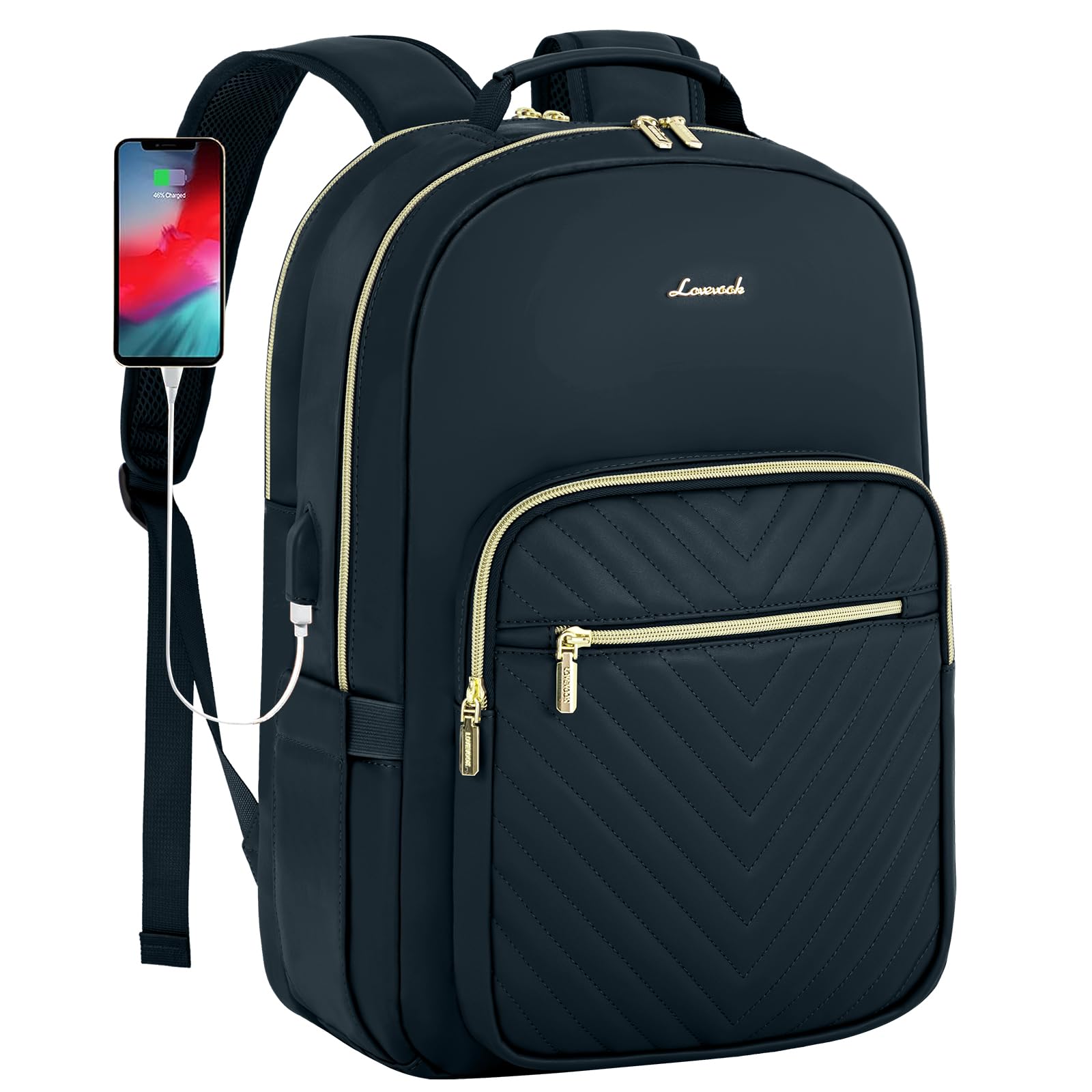LOVEVOOK Leather Backpack for Women,15.6 inch Leather Laptop Backpack Women Computer Backpack Laptop Bag,Stylish Quilted Travel Backpack Purse Work Bag Teacher Backpack with USB Port,Dark Blue-green
