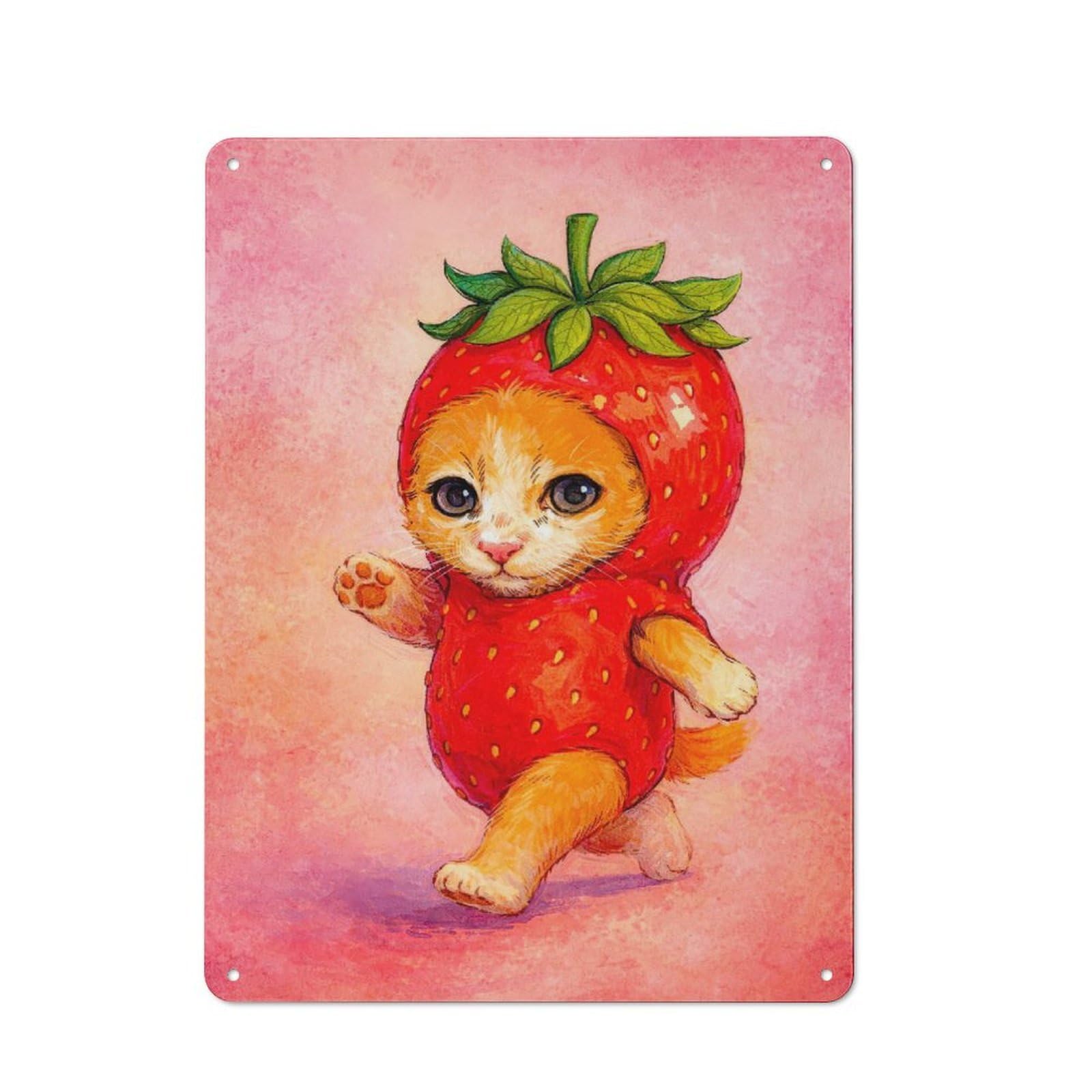 Junmoney Style-19 Cottage Style Kitten In Strawberry Costume Decorative Tin Sign 40X30cm, Rustic Kitchen Decor For Kitchen, Cottage, Porch Or Garden Room