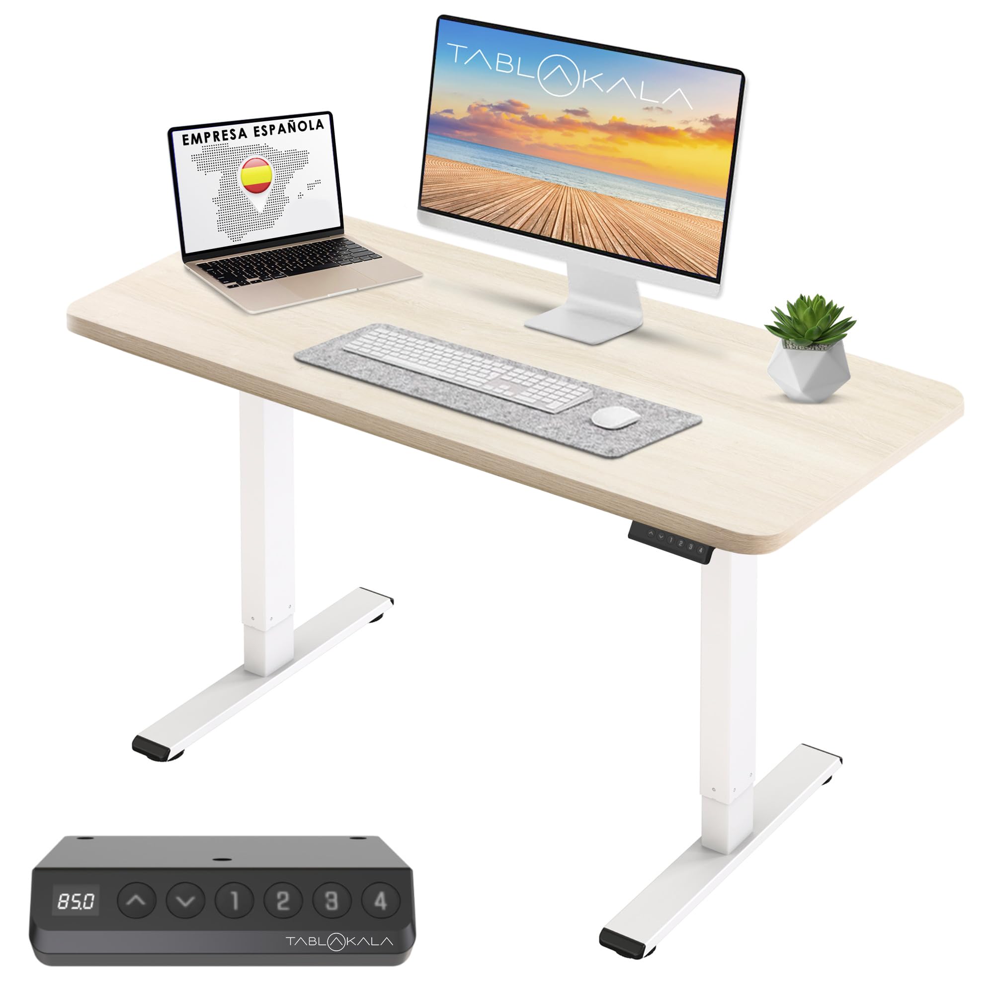 Tablakala Escritorio Elevable 1 Motor, Ajustable en Altura 71 a 121cm, Mesa Escritorio Elevable, Standing Desk, Mesa Elevable Secretaria, Esquinas Redondeadas (Blanco + Tablero Roble Claro, 160 x 80)