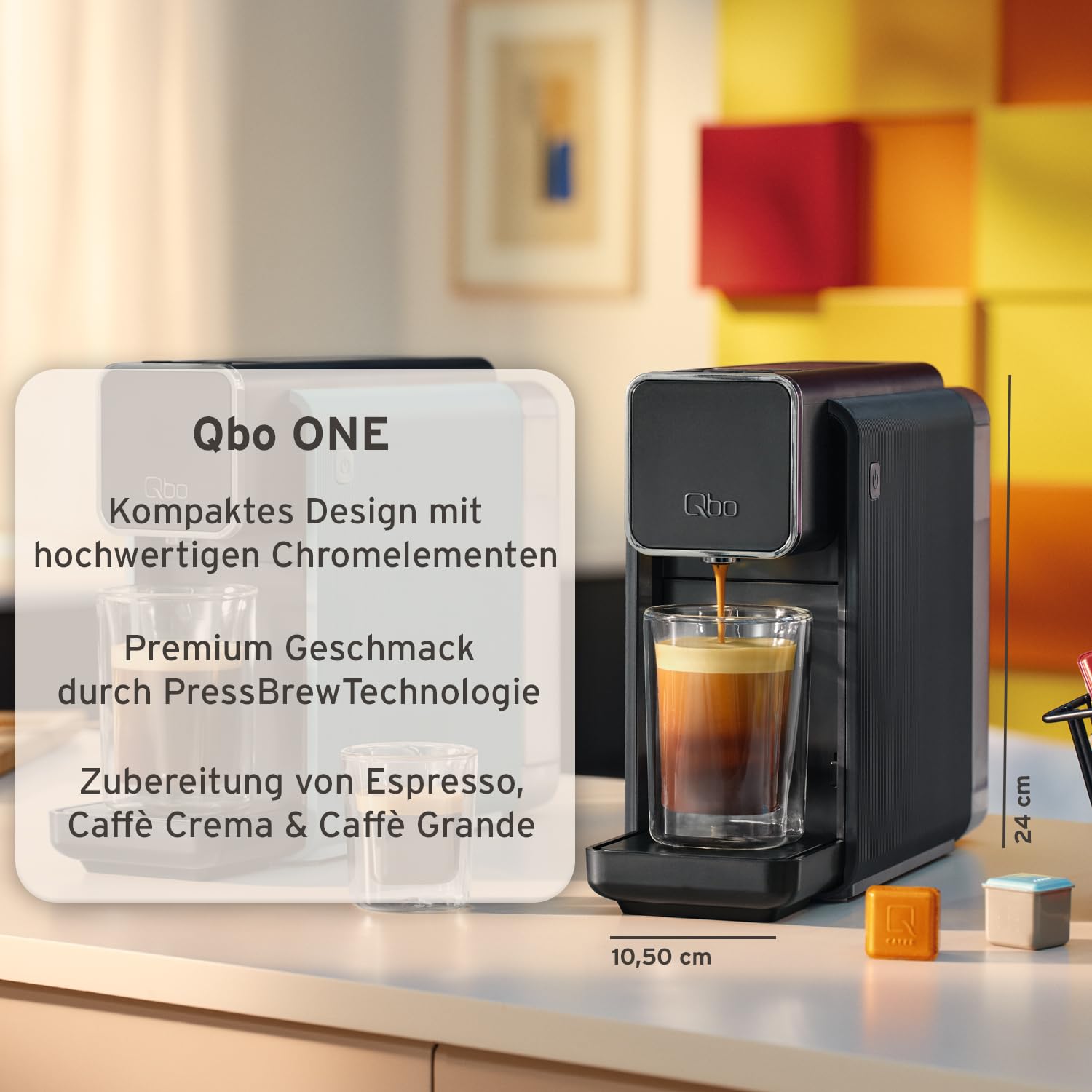 Tchibo Qbo ONE Premium Kapselmaschine inkl. 16 Kaffeekapseln für Espresso, Caffè Crema, Caffè Grande, Soft Black