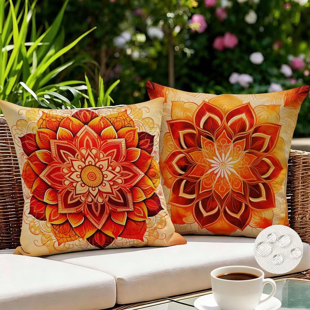 Federe Cuscini da Esterno Impermeabili 65x65 Arancione Copri Cuscini per Divano Mandala Federa Cuscino Boho Decorativi Copricuscini per Divano Giardino Patio Soggiorno Copricuscino Set di 2 (IU301)