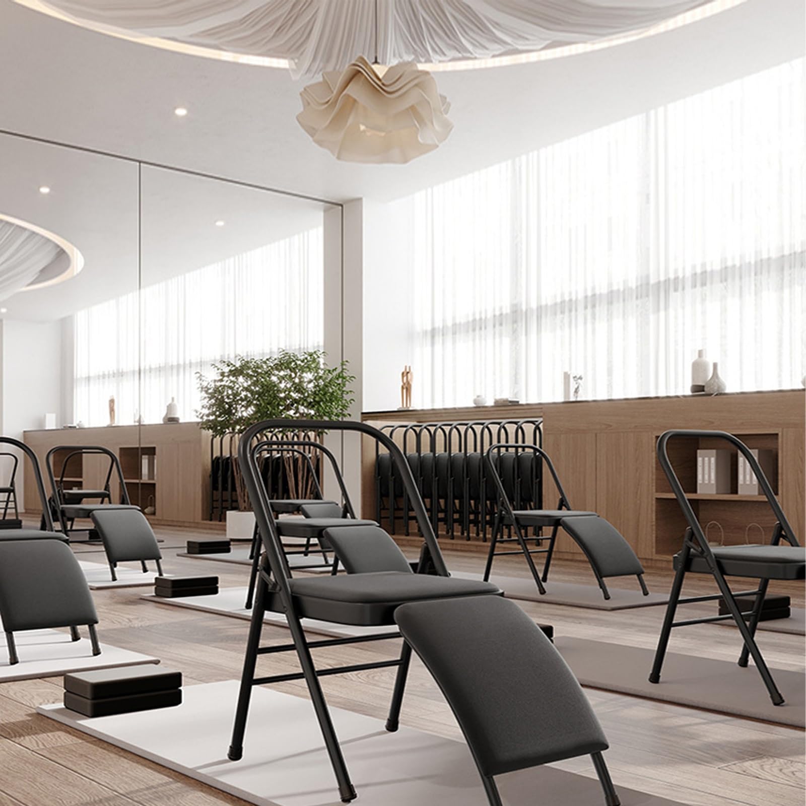 MZZKFC Yoga Auxiliary Chair with Detachable Lumbar Back Support, Black Double Beam Foldable Yoga Chair, Yoga Equipment for Waist & Leg Exercise/Hip Movement