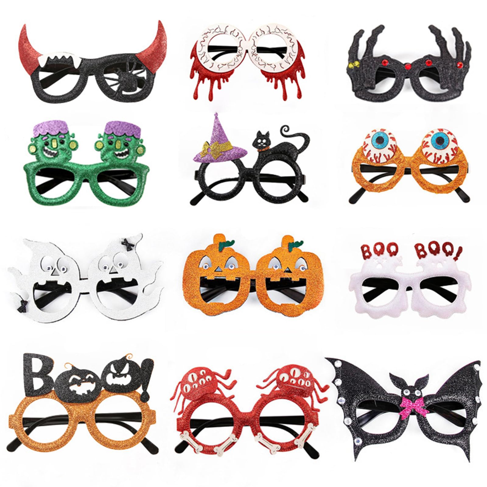 Beauenty 12 Pcs Halloween Glasses for Kids, Halloween Party Glasses, Pumpkin Bat Skeleton Ghost Eyeglasses for Halloween Cosplay Costume Party Favors Supplies (Glasses)