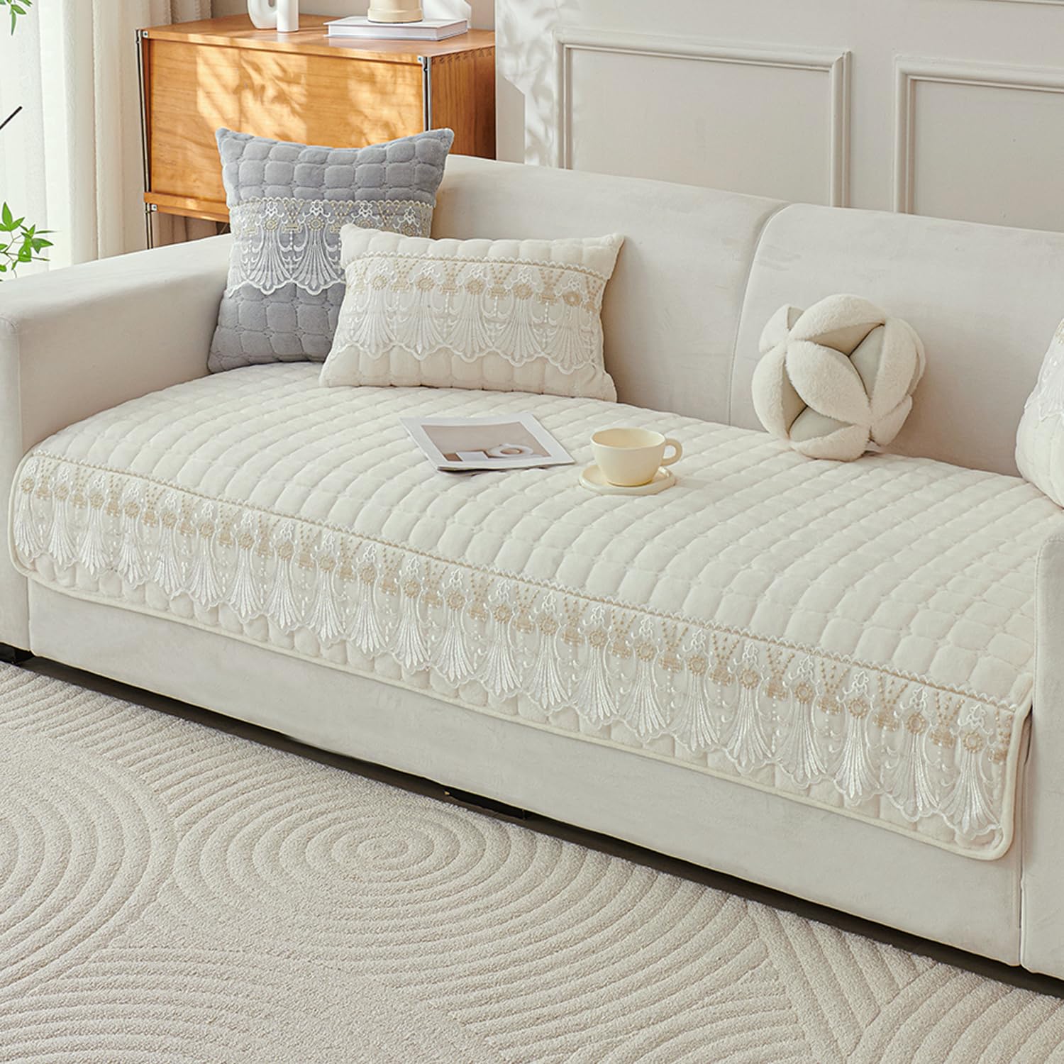 HOKIPO 'BelleLace Series' Imperial Milk Velvet Sofa Cover Mat with Lace Design| Make Your Own Sofa Cover Set, Mat Length 90(D) x 60(L) cm, Pearl White (AR-5962-WHT)