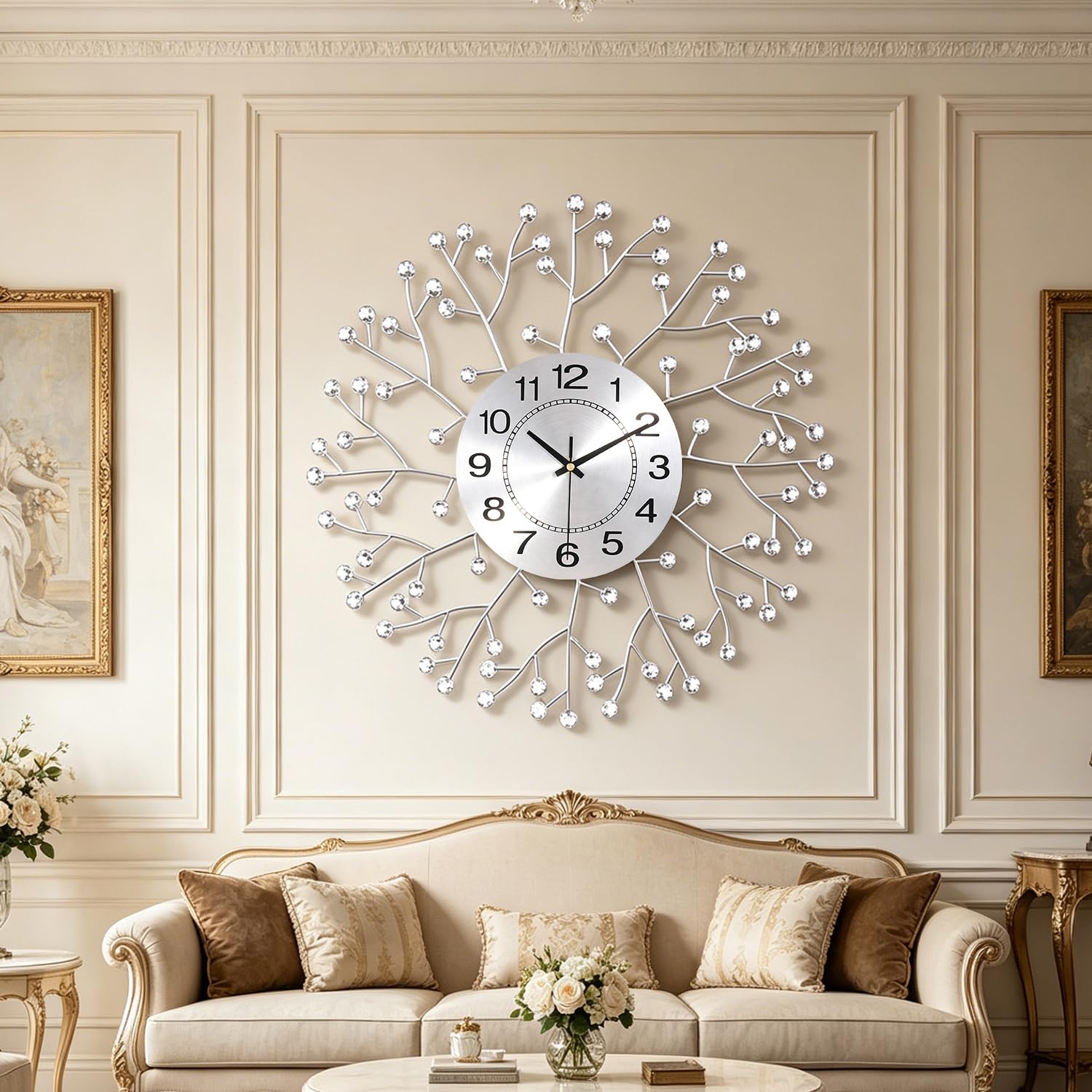 Coslife Wall Clocks for Living Room Decor Modern Silen Stylish Diamond Large Wall Clocks for Living Room, Bedroom, Kitchen, Home Decor 20 Inch Silver Drop Crystal Wall Watch for Indoor