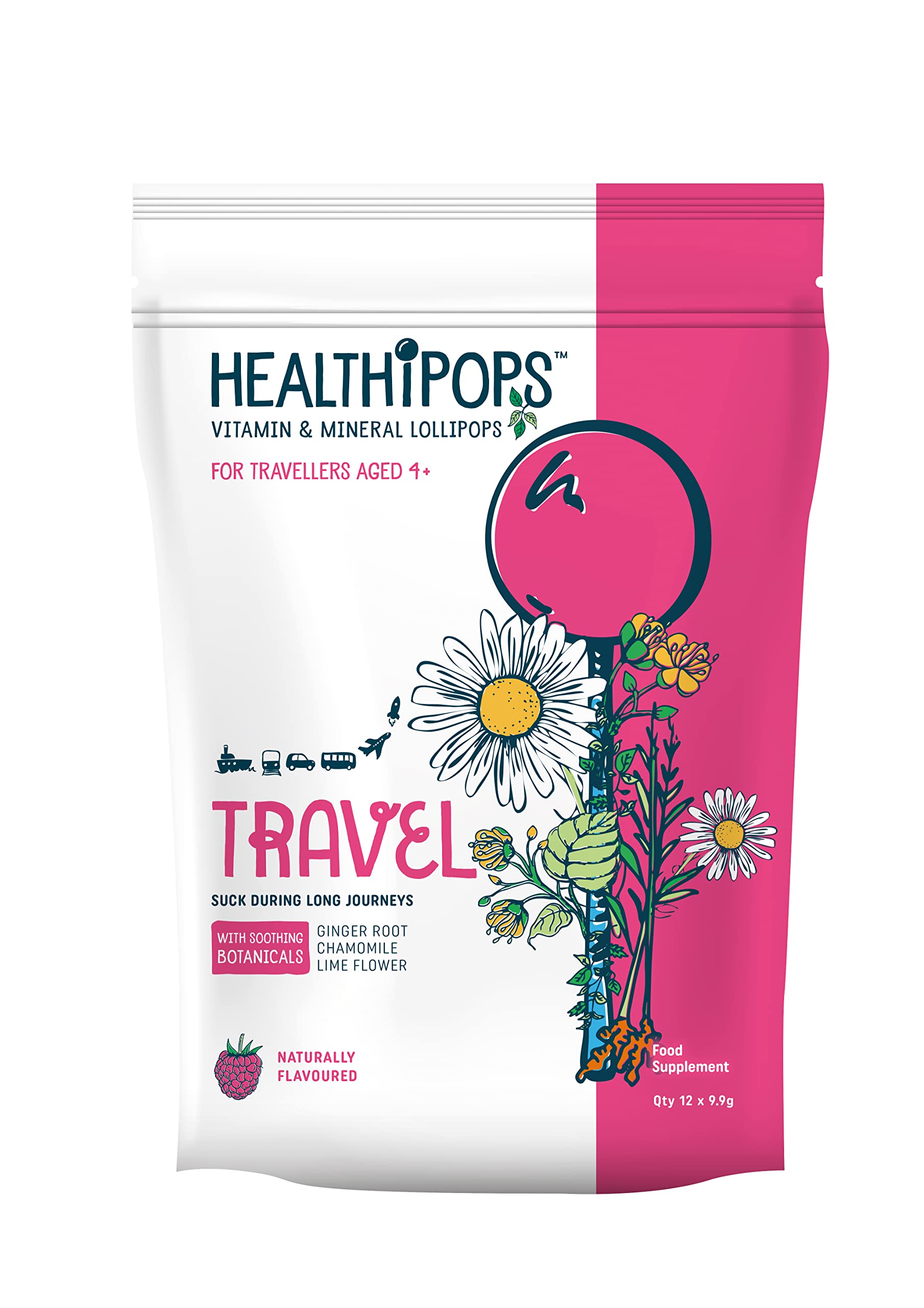 Travel Suitable for Ages 4+ with Added Soothing Botanicals, Ginger Root, Chamomile and Lime Flower, Raspberry Flavour 12 Lollipops