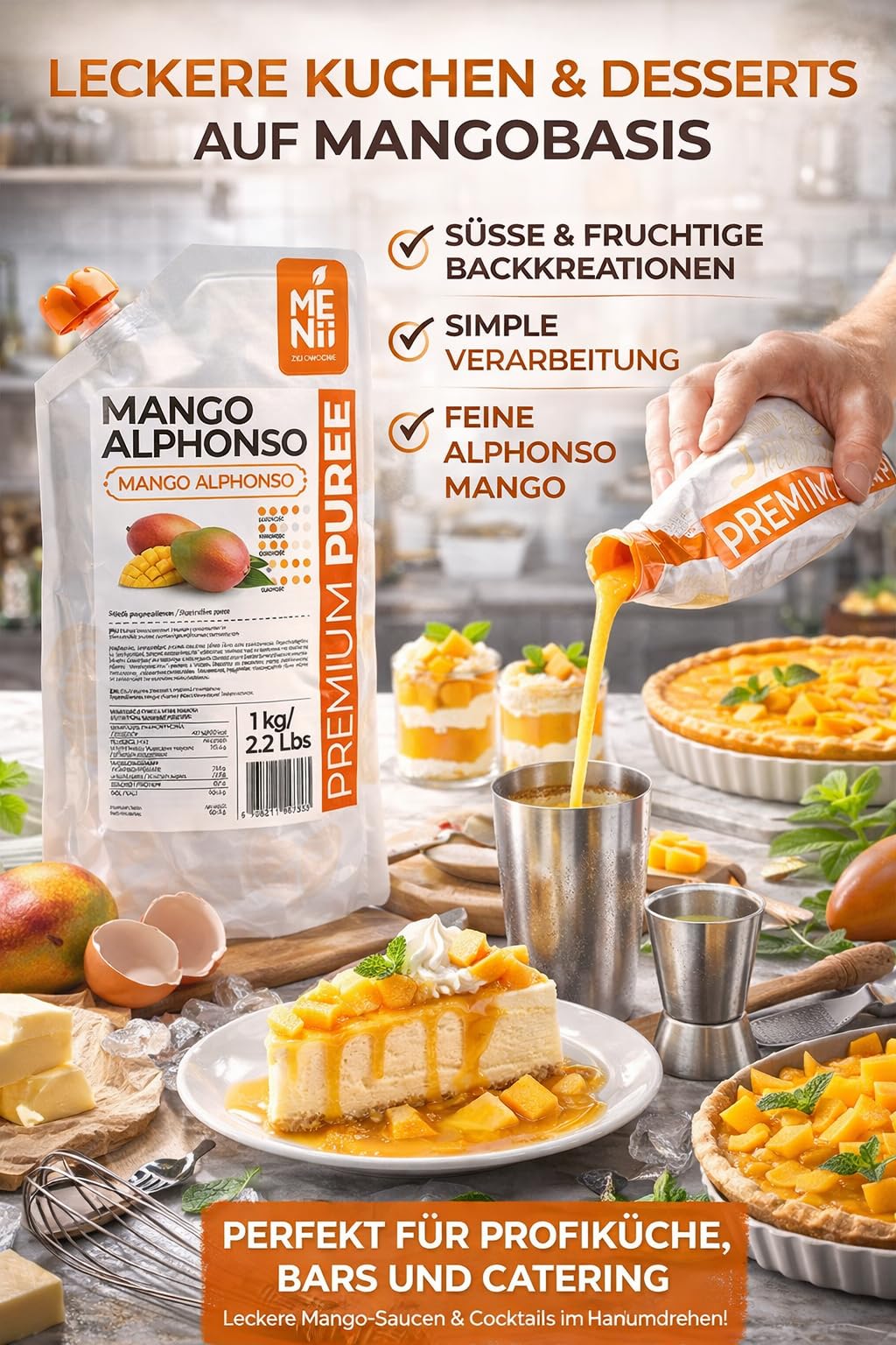 Puree Alphonso 1 kg z cukrem – Tropiczne przecierowe owoce do deserów, ciast, lodów, smoothie, drinków, sosów i nadzień – Profesjonalne opakowanie dla gastronomii, cukierni i domowych wypieków