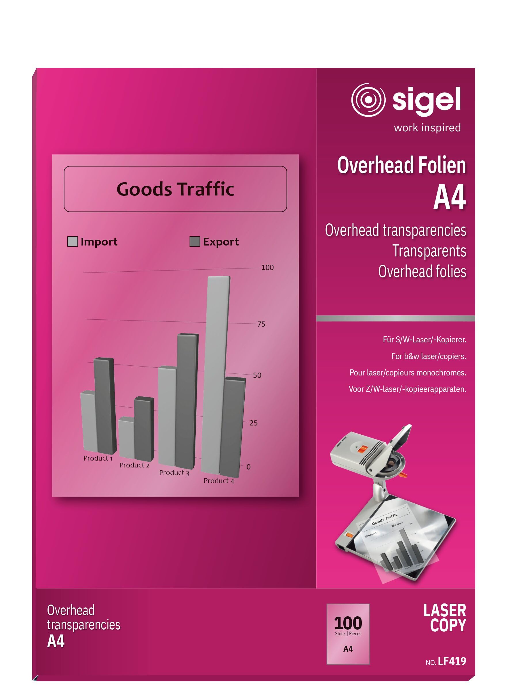 SIGEL LF419 OHP Film trasparente Laser Bianco/Nero, nitido, A4, 100 µm, 100 fg