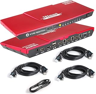TESmart KVM Switch 3 HDMI + 1 USB-C Computers 1 Monitor, Support 4K@60Hz 4:4:4, USB 2.0 Device, L/R out, Hotkeys, Button Switching, 4 Port PC Keyboard Mouse Switcher Box for 4 PCs with 5ft Cables(Red)