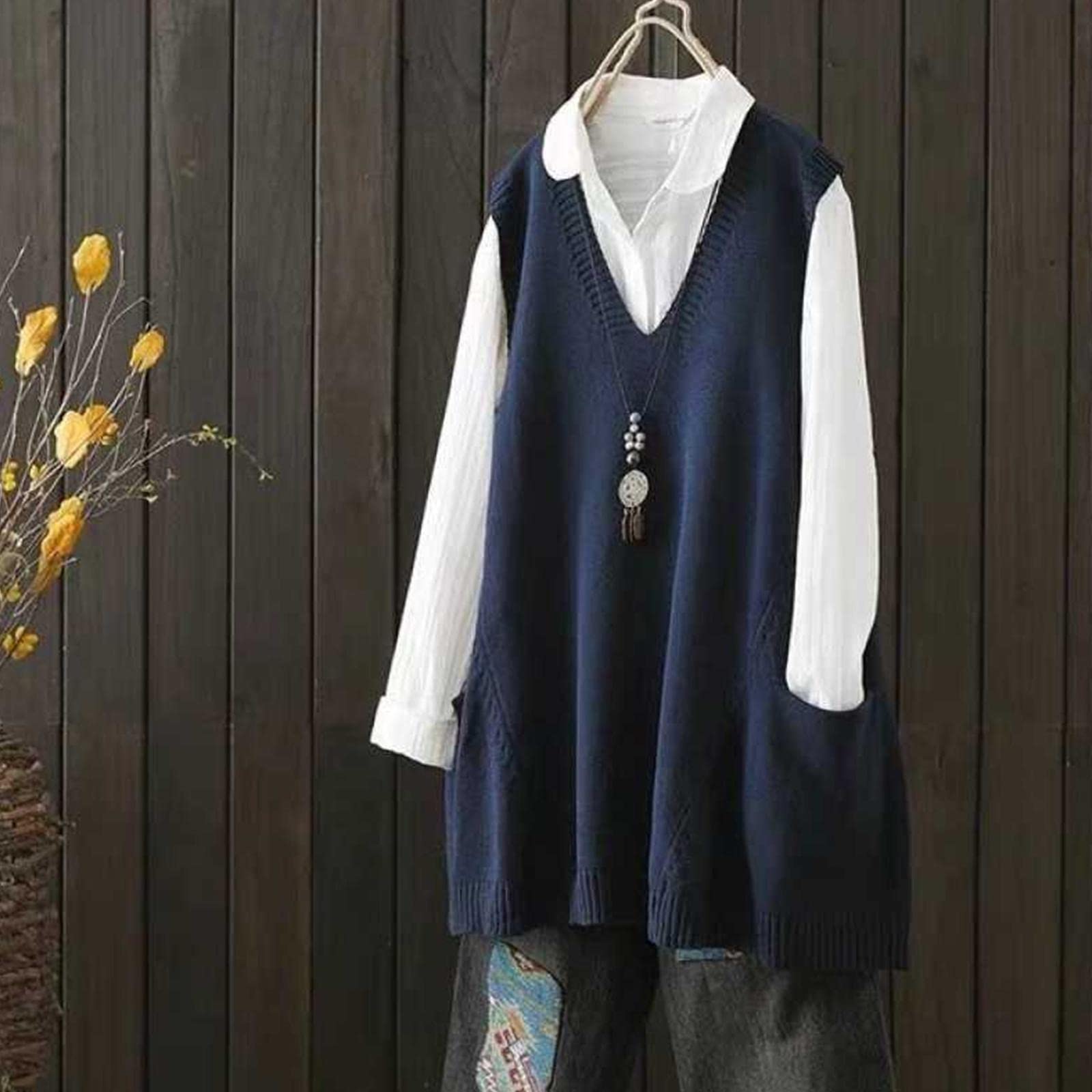 Gilet Smanicato Donna Oversize Maglioni Senza Maniche in Maglia Scollo a V Chic Vintage Elasticità Maglione Canotta Doppie Tasche