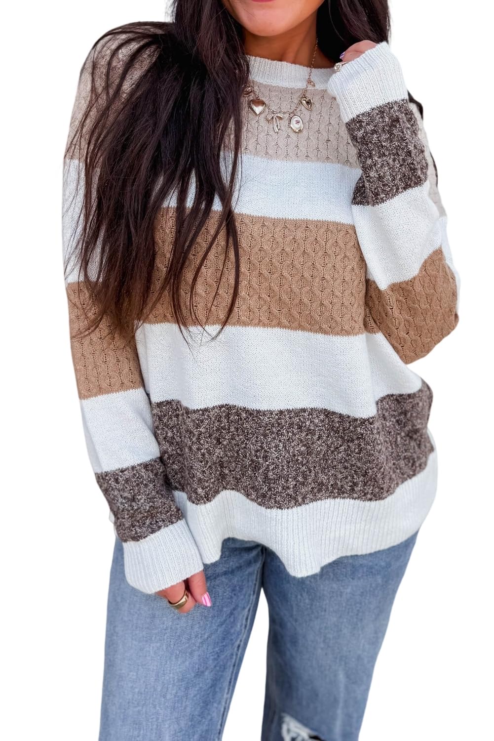 SELINK Womens Casual Striped Color Block Pullover Sweater Mixed Texture Knit Loose Long Sleeve Round Neck Daily Sweater
