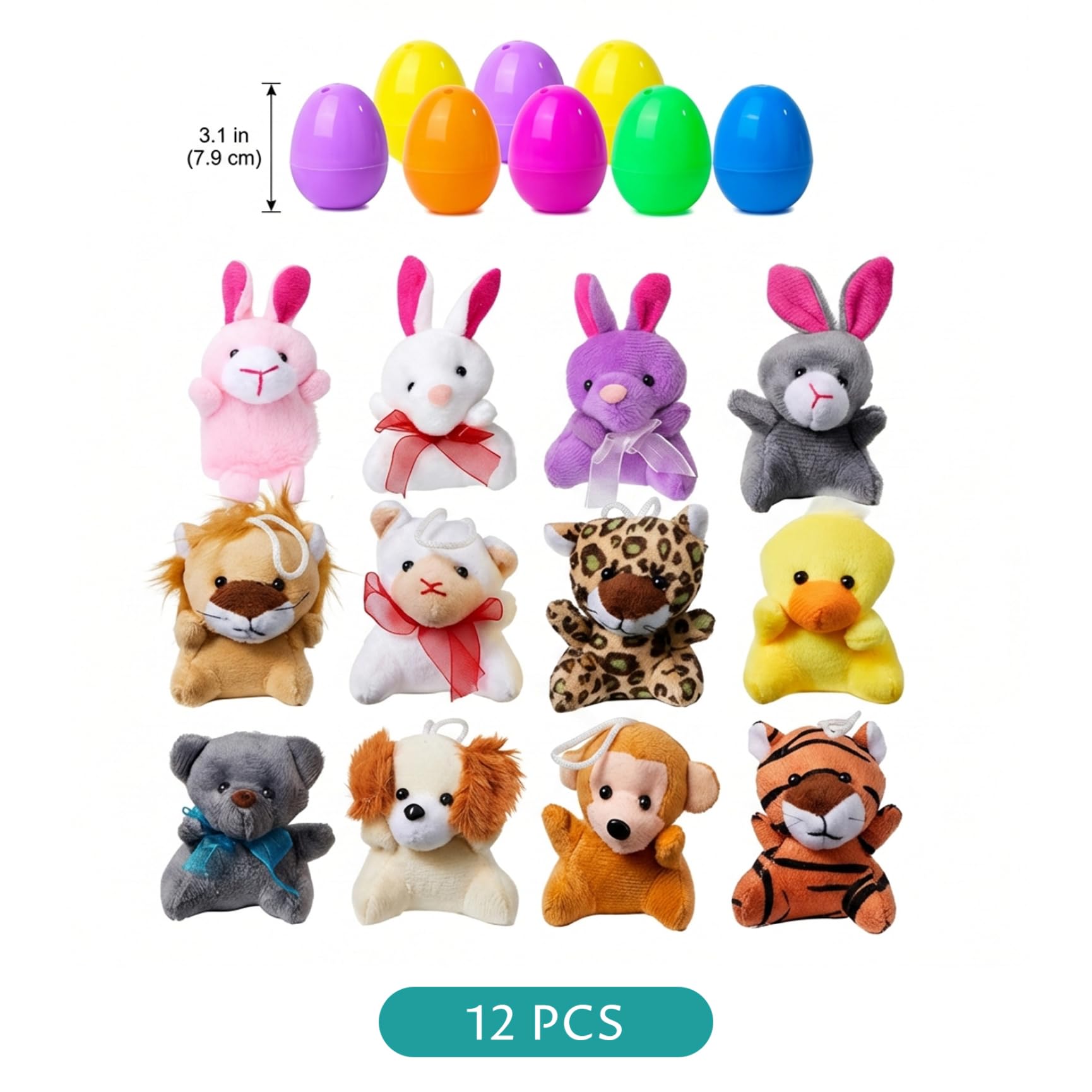 12 pezzi di riempitivi per uova di Pasqua, uova di Pasqua riempite di plastica con animali di peluche a sorpresa per bambini, riempitivi per cestini, bomboniere e per per le feste