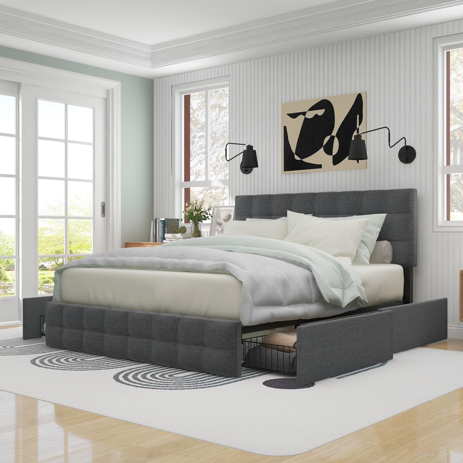 KOMHTOM Letto imbottito con contenitore sotto il letto, letto matrimoniale con rete a doghe in legno e testiera del letto, telaio del letto, per adulti, adolescenti (senza materasso) (grigio, 140 x