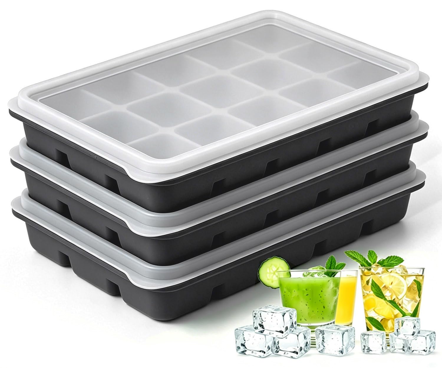 Silicone Ice Cube Trays with Lids, 3 Pack, Total 45 Ice Cubes,Food Grade,Dishwasher Safe, Flexible, Easy Release, BPA Free, for Whiskey, Cocktails, Coffee,Fruit Juice,Baby Food,Frozen Sauces.