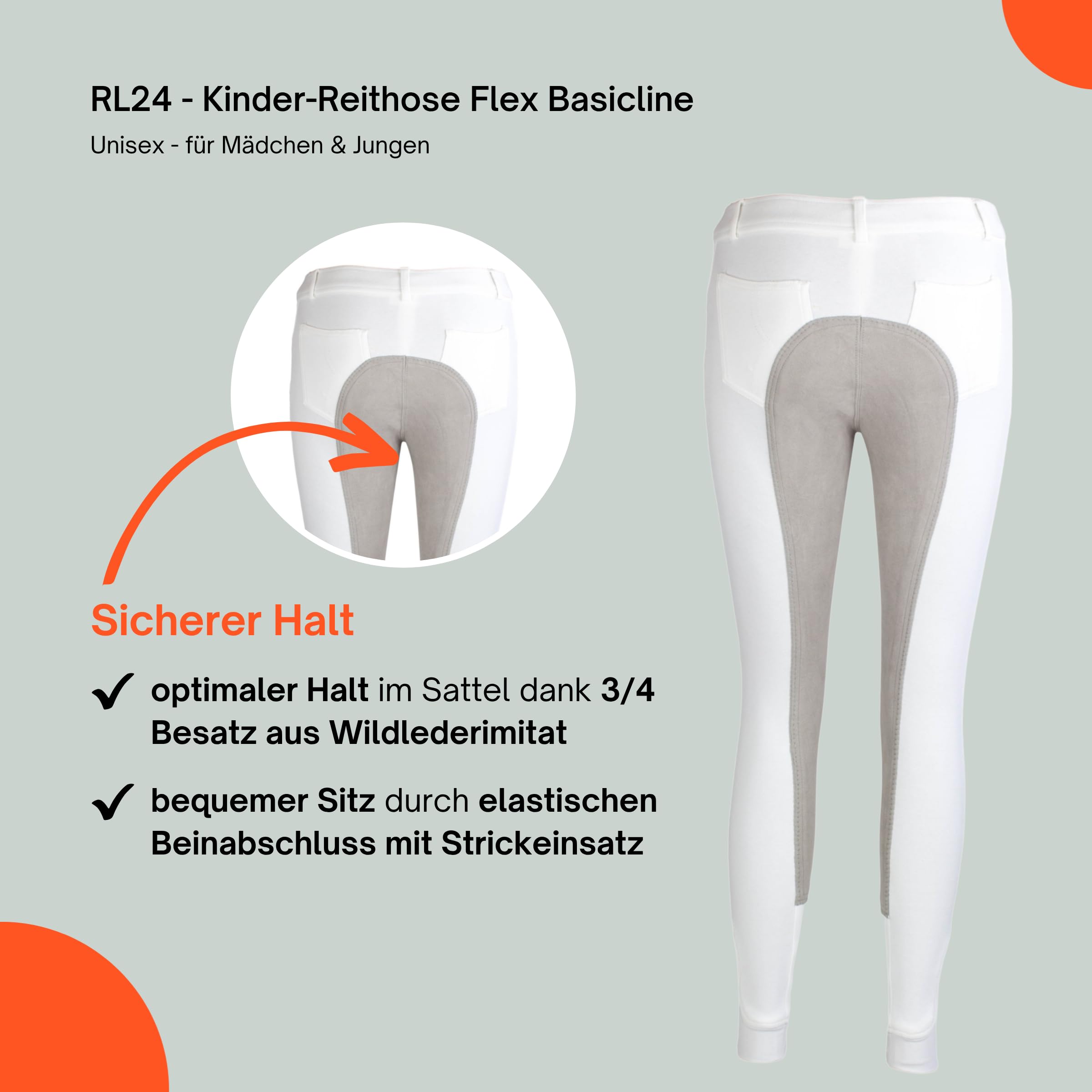 RL24 - Kinder-Reithose Flex Basicline | Reiterhose für Mädchen & Jungen | 3/4 Besatz aus Wildlederimitat | hautfreundlich, atmungsaktiv & elastisch | Unisex Reitleggings in vielen Farben & Größen