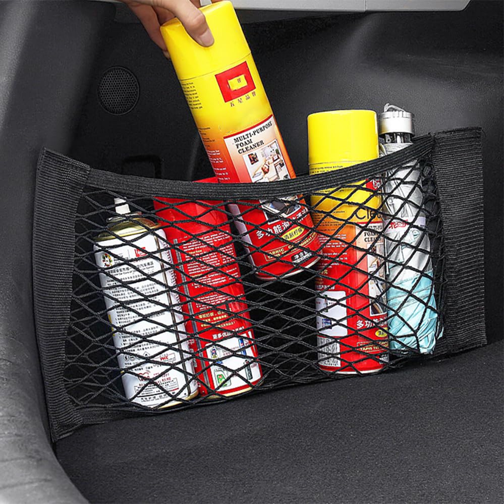 Pacote com 1 organizador de porta-malas de carro, rede de armazenamento de malha elástica com tiras de gancho, rede de carga elástica resistente à água para SUV, caminhão, organização de armazenamento