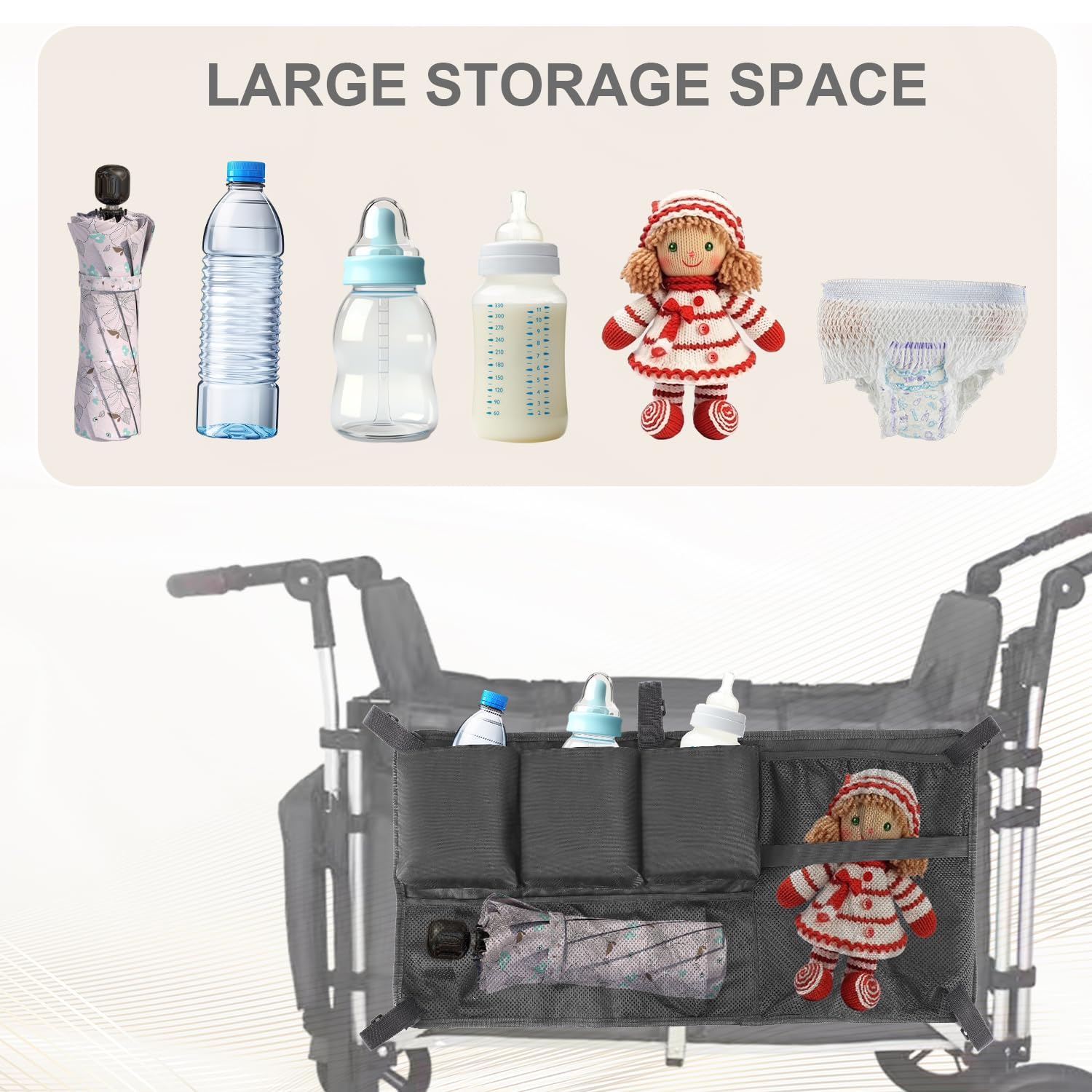 Filet de Chargement, Noir Sac en Filet pour Poussette Grande Capacité Filet de Chargement Vehirie Accessoires pour Chariot de Poussette Compatible avec Tous Les Modèles de la Série W WONDERFOLD