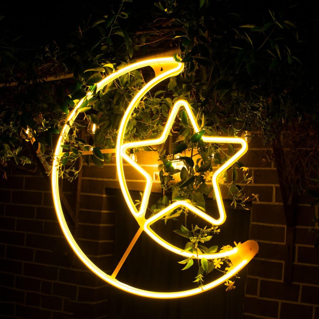 Moon and Star Decorative Light - Warm Yellow LED Wall Sign for Ramadan, Eid, Bedroom, and Nursery - Battery or USB Powered Night Light for Indoor Outdoor Home Decor
