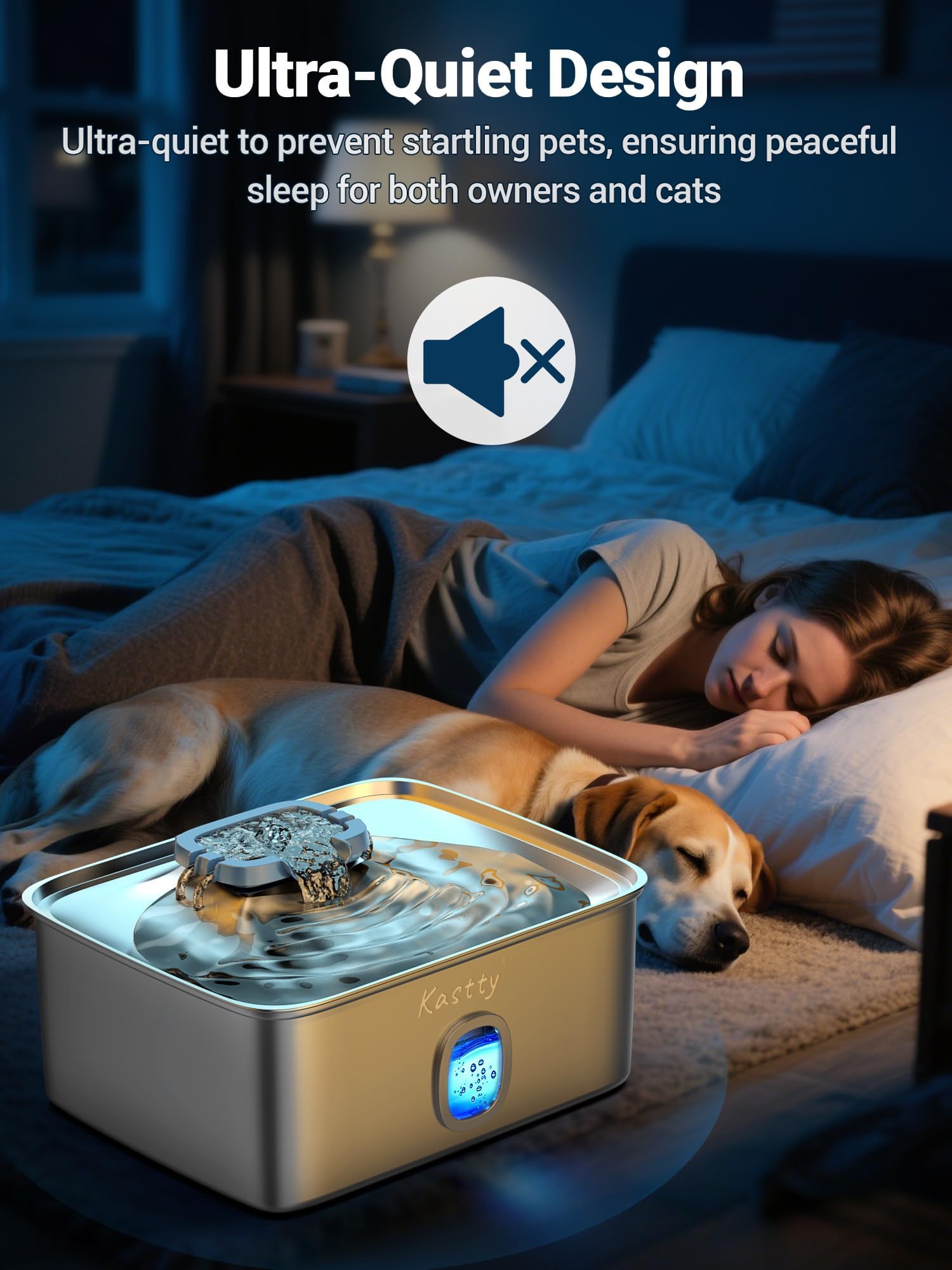 Kastty 4 Gal Dog Water Fountain for Large Dogs,15L Stainless Steel Dog Water Bowl Dispenser Triple Filtration,Ultra Quiet Automatic Pet Water Fountain with Water Level Window and LED Light(FS76) - image 4