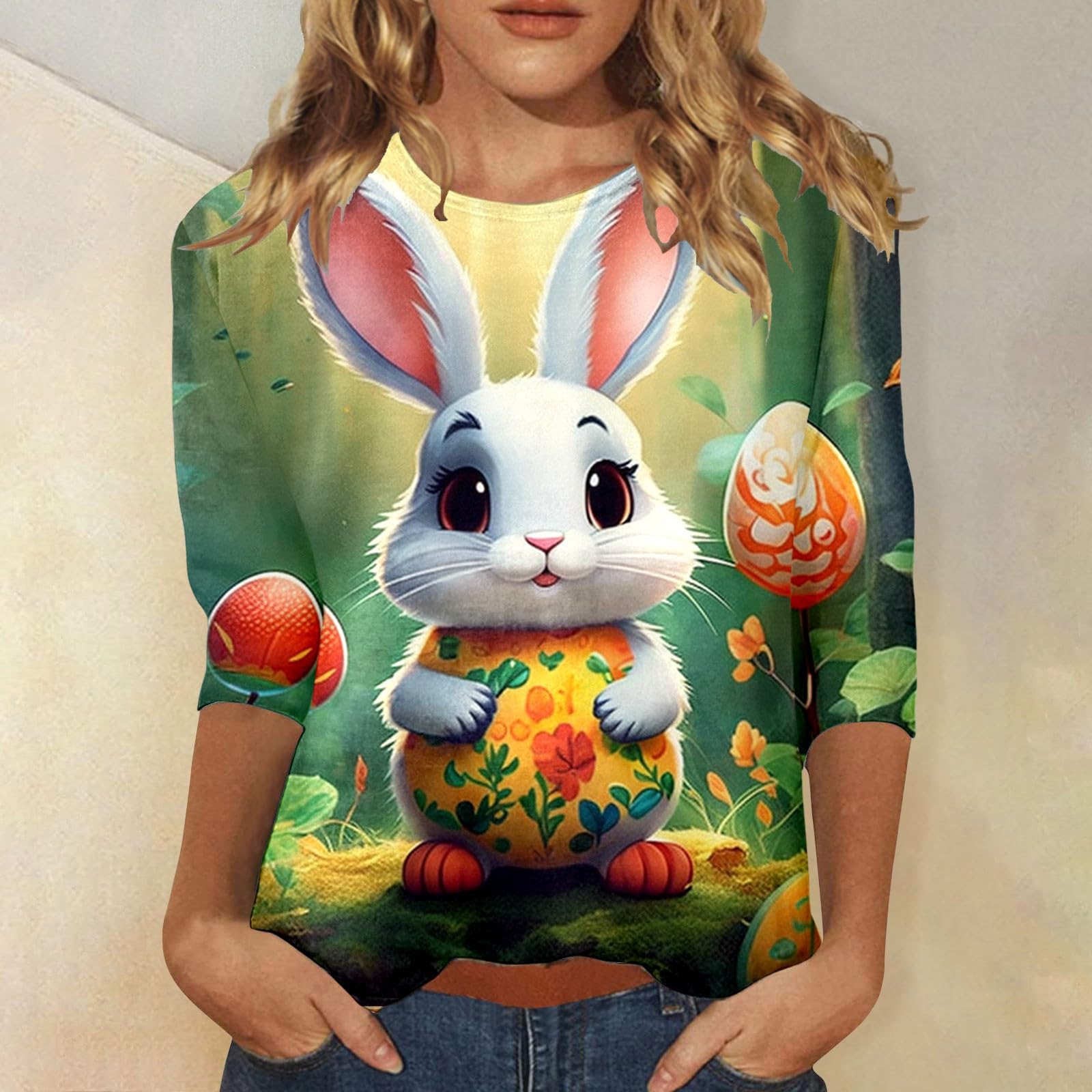 Women Casual Round Neck Three Quarter Sleeve Retro Ethnic Style Printed T Shirt Casual Top Women's Loose Top (XXL)