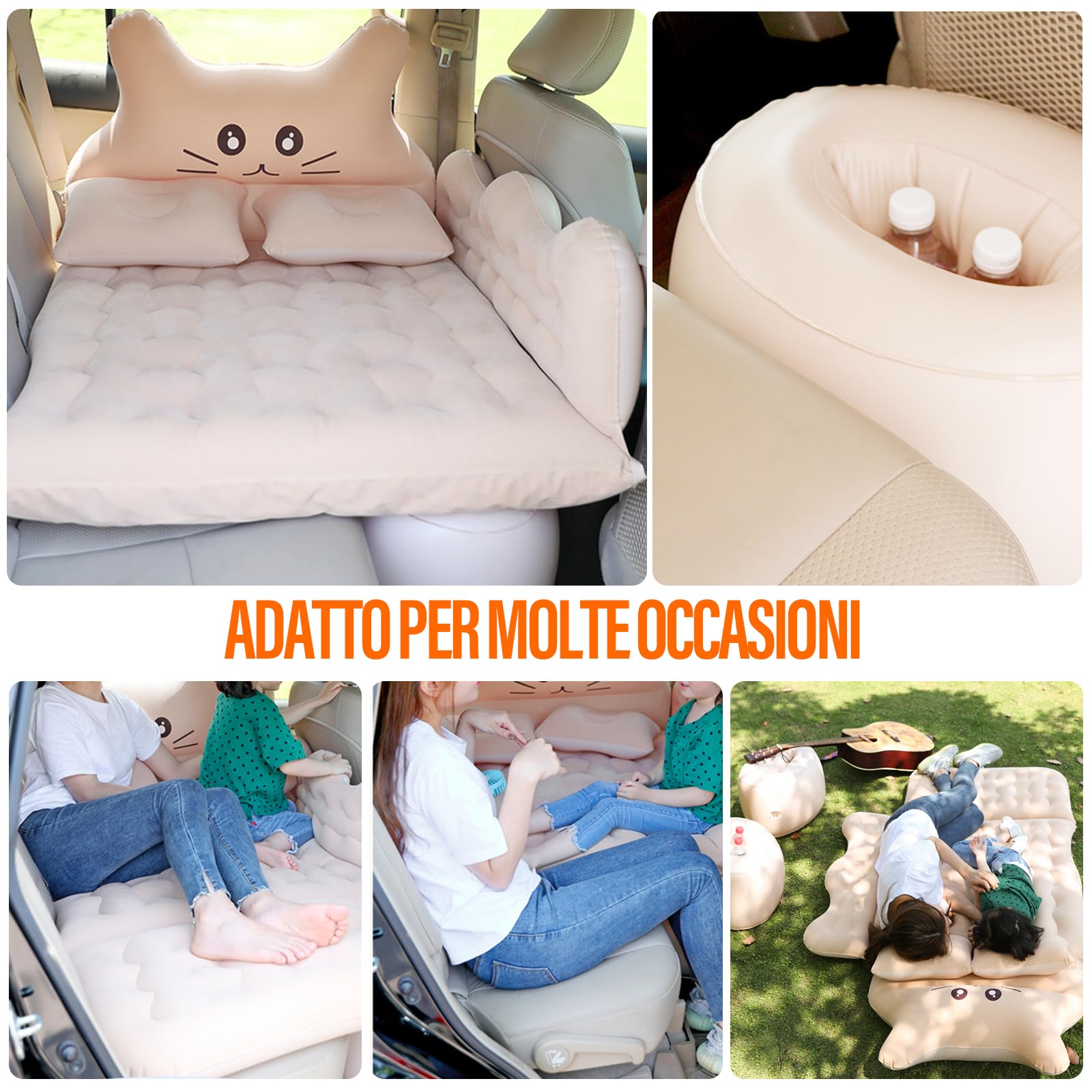 Ergocar Materassino Gonfiabile Gatto Fortunato Floccaggio Materasso Letto per Auto con Pompa per Il Campeggio, Escursionismo, Piscina, Spiaggia, Viaggiare (Grigio)