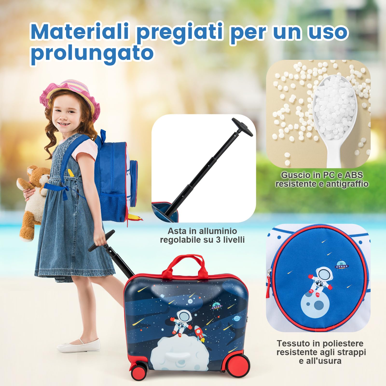COSTWAY Valigia Cavalcabile per Bambini, 18" Valigia+ 12" Zaino,2 Pezzi, Trolley Bambini Bagaglio a Mano con Ruote Girevoli e Maniglia Retrattile, 2 Cingie Multiuso (Modello 4)