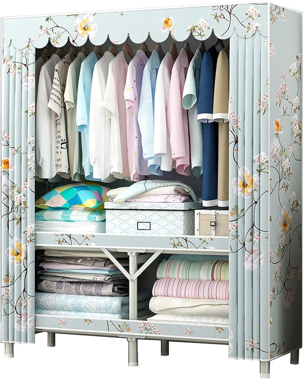 Folding Metal Closet,bedroom Large Wardrobe Open Storage Organizer Washable Cloth Cover Easy To Install (C 172 * 80 * 48CM)