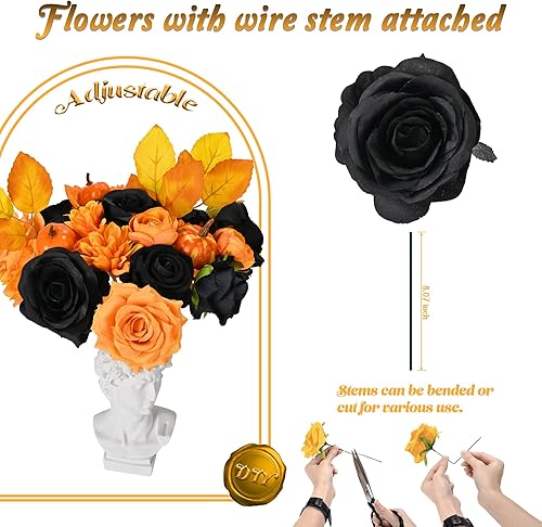 Miniatura 7 de Flores artificiales para decoración de Halloween, decoración de otoño, mezcla de rosas negras de seda falsa para ramo de boda de otoño de Acción de