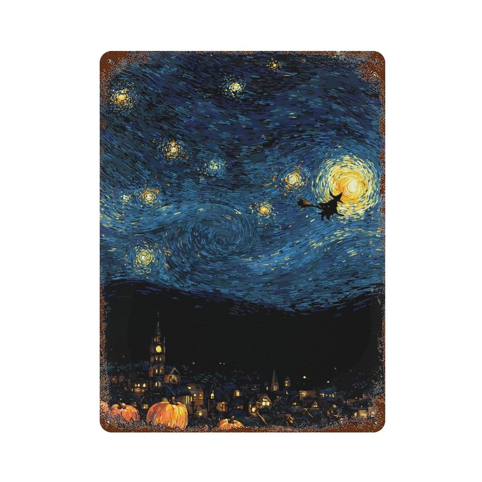 Halloween Starry Night Rust Effect Tin Sign 15.7"x11.8", Industrial Home Decor for Cafe, Home Bar And Lounge Decor