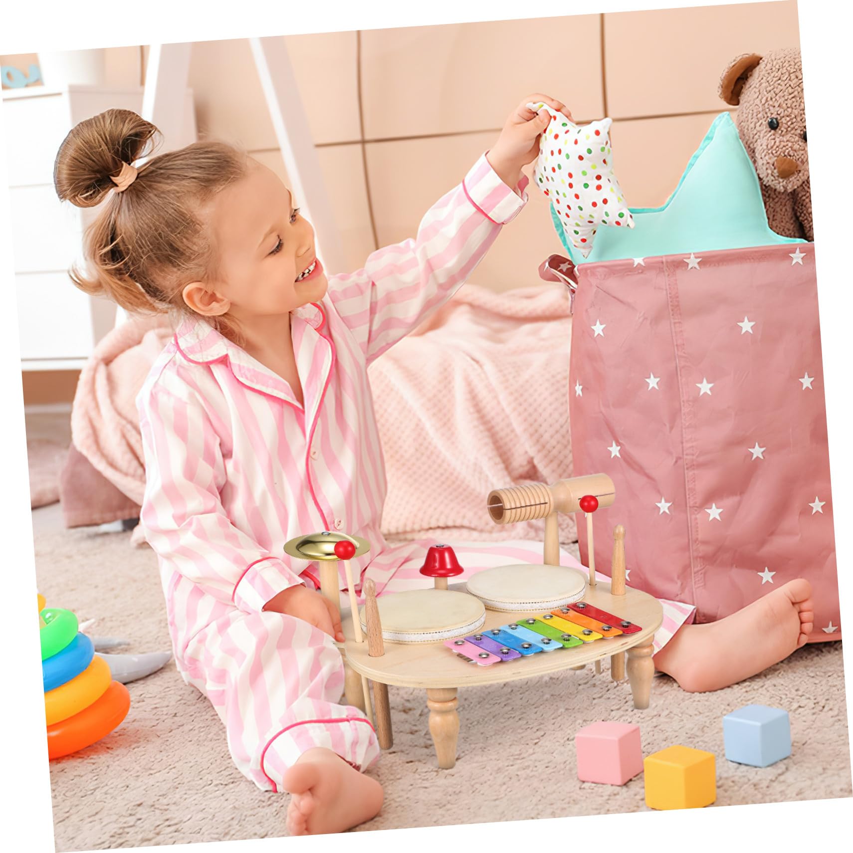 Mikikit Percusión Infantil de Madera con Xilófono y Pandereta Instrumento Musical Educativo para Regalo Colorido y Seguro Sonido Claro y Variedad de Tonos