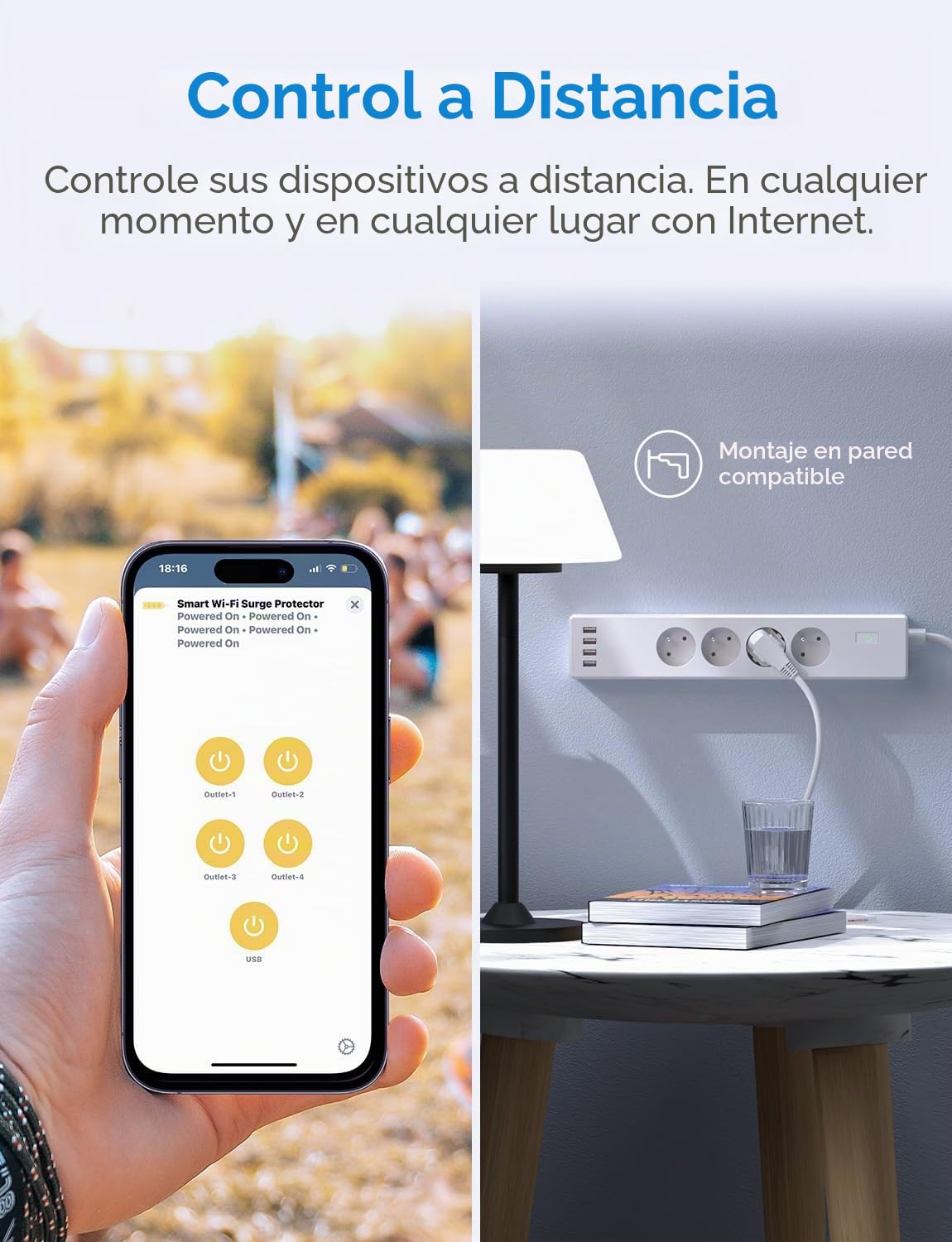 Regleta inteligente (tipo E) 16 A wifi compatible con Apple HomeKit, Alexa y Google Home (4 tomas de CA y 4 puertos USB), regleta inteligente con control por voz