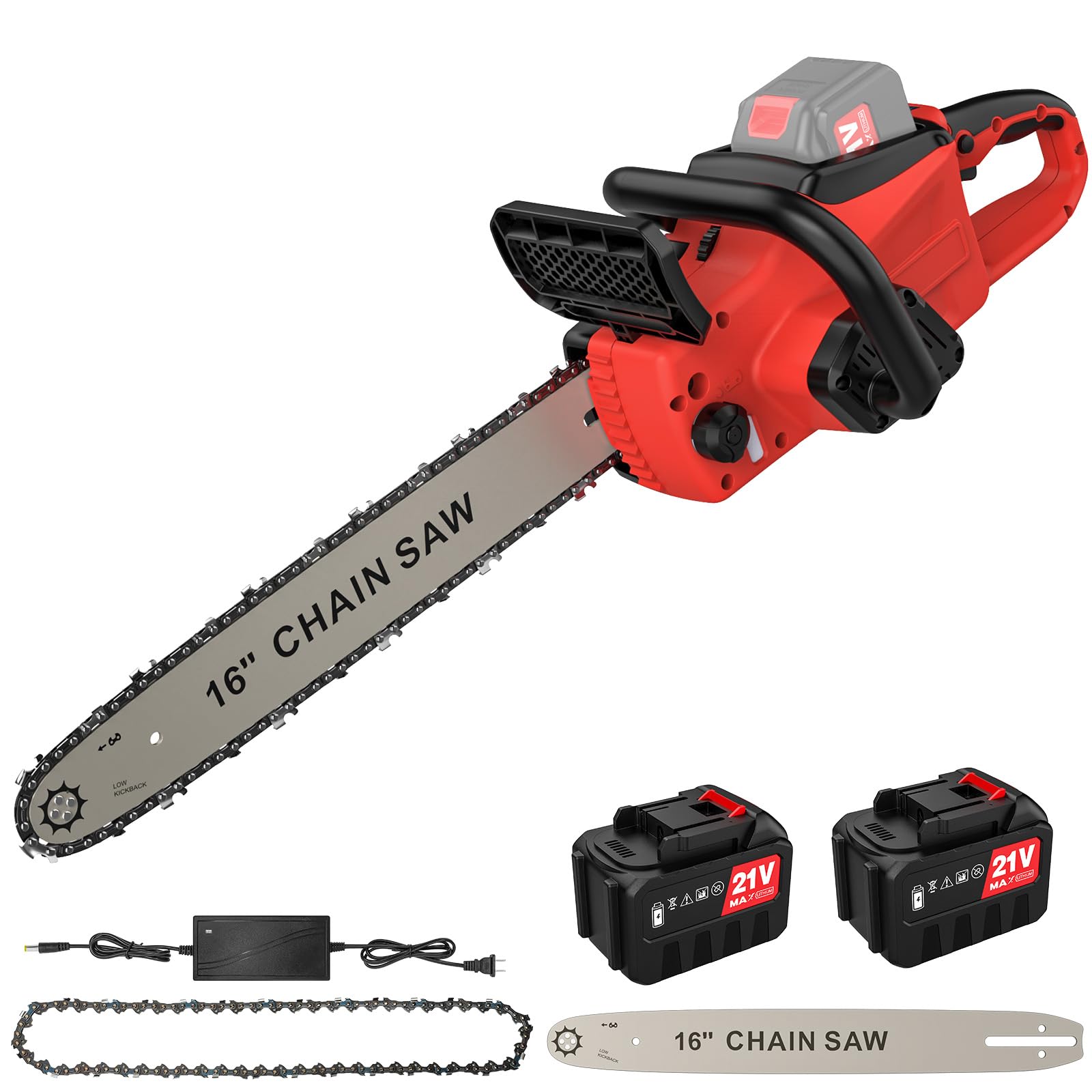 Motosierra eléctrica con batería de 16 pulgadas, con batería de 2 x 4,0 Ah, motor sin escobillas de 2000 W, motosierra de mano, batería con engrasador automático para tijeras de podar, tijeras de