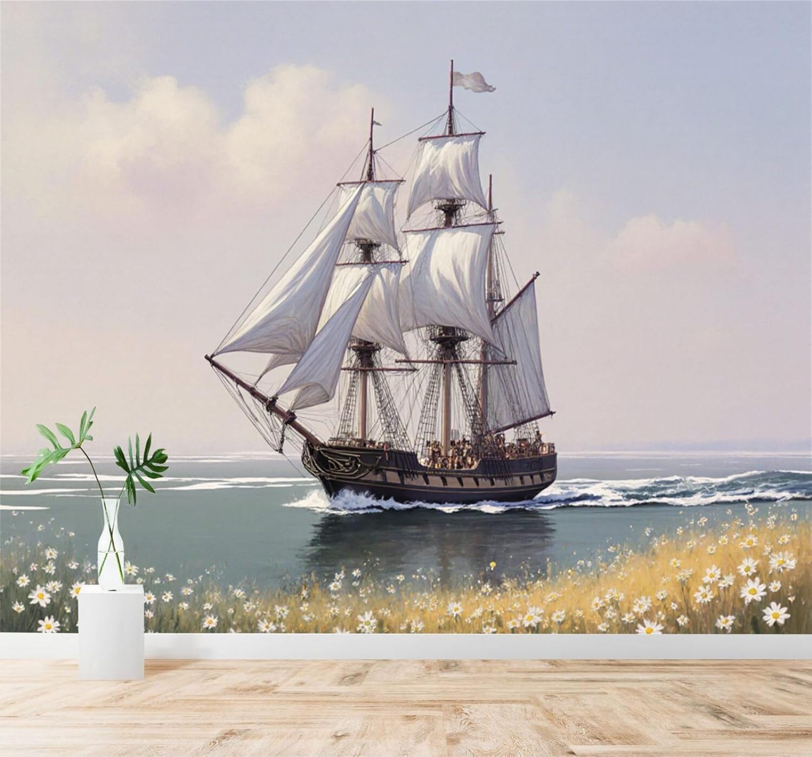 XLMING Sea White Sailing Boat Coast Flowers 3D Wallpaper Silky Texture Home Study Office Grey Dining Room Sofa Bedroom Living Room TV Backdrop-400cm×280cm