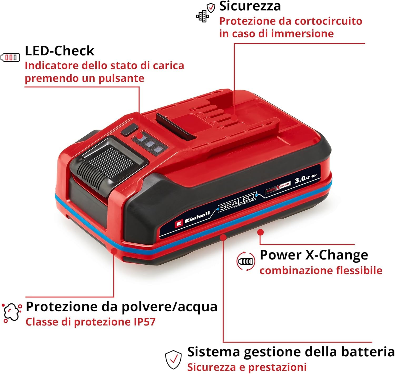 Original Einhell 18 V 3,0 Ah SEALED Power X-Change PLUS (18 V, impermeabile e antipolvere, classe IP57, uso universale con tutti i dispositivi Power X-Change, caricabatterie escluso)