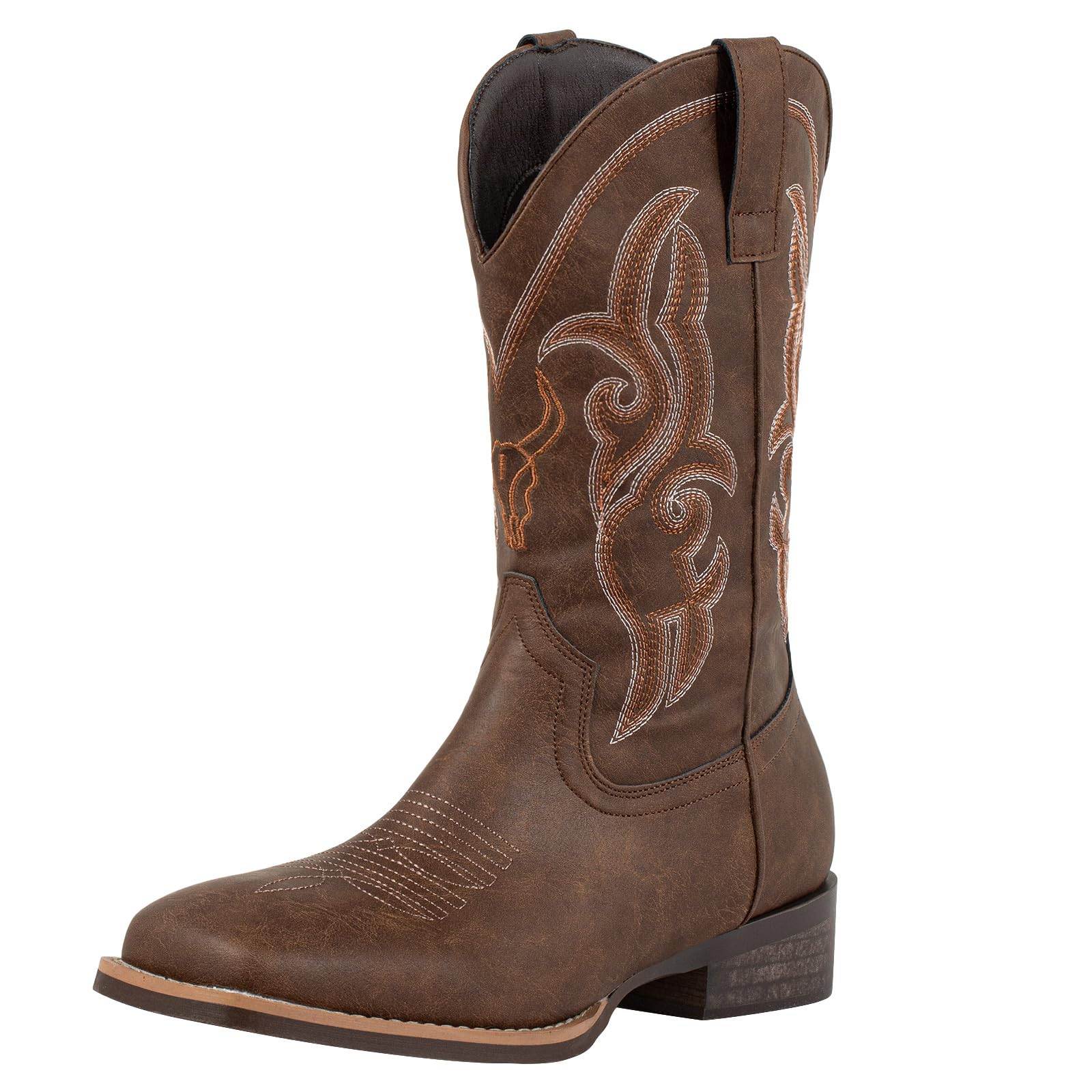 J's.o.l.e Western Cowboy Boots for Men Square Toe Embroidered Slip On Wide Calf Country Work Riding Boot Brown