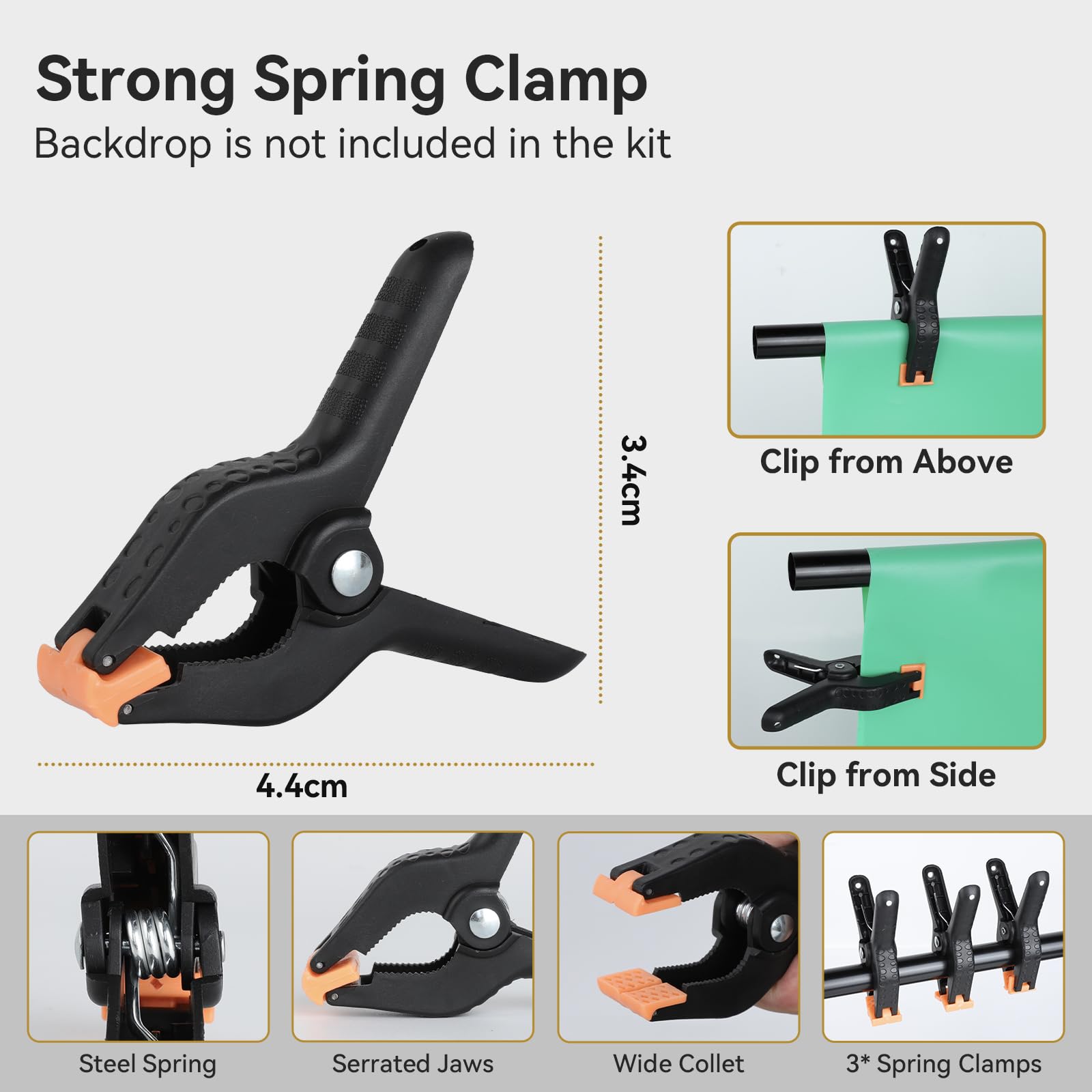 UTEBIT Supporto per Sfondo per Fotografia 1,50 x 2 Metri, Supporto per Fondale con 3 Morsetti a Molla, Professional Sistema di Fondale per Studio Fotografico, Live Streaming, Video, Ritratti