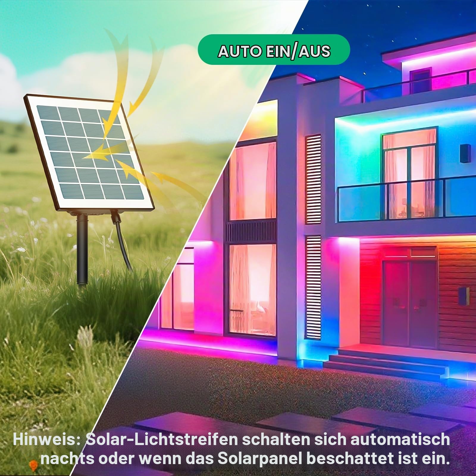 15 m RGB-Solar-LED-Lichtstreifen, warmweiß, für den Außenbereich, wasserdicht, selbstklebend, automatisches Ein-/Ausschalten, 16 Farben und 4 Modi, mit Fernbedienung, ideal für Terrasse