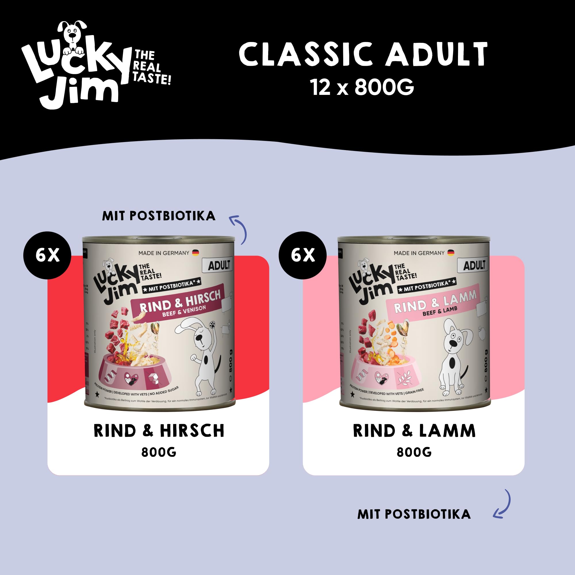 LUCKY JIM Rind, Lamm & Hirsch Hundefutter nass - 12 x 800g Dosen - Nassfutter für Hunde, ohne Zuckerzusatz & mit Postbiotika für die Verdauung, Made in Germany - mit Tierärzten entwickelt