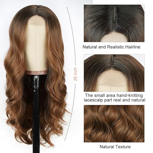 Miniatura 5 de Halcyon Peluca larga de color marrón degradado para mujer, peluca sintética de 26 pulgadas, peluca ondulada de color castaño medio, peluca de fibra