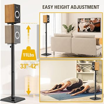 Mounting Dream Black Alloy Steel Speaker Stands, Height Adjustable Bookshelf Speaker Stand Pair, Universal Fit, 11 lbs Capacity, Set of 2 for Bose Polk JBL Sony Yamaha - 42 Max Height