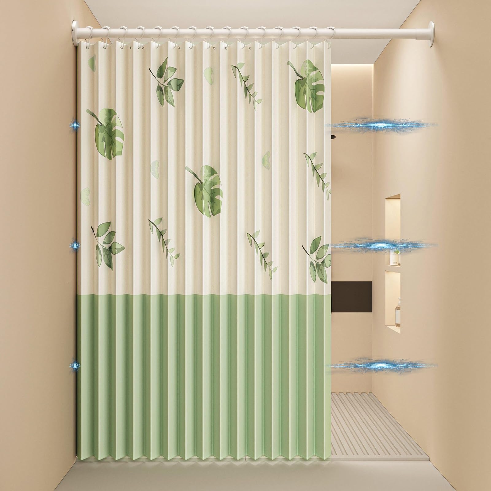 Rideau de Douche plissé haut de gamme au motif texturé 3D Monstera