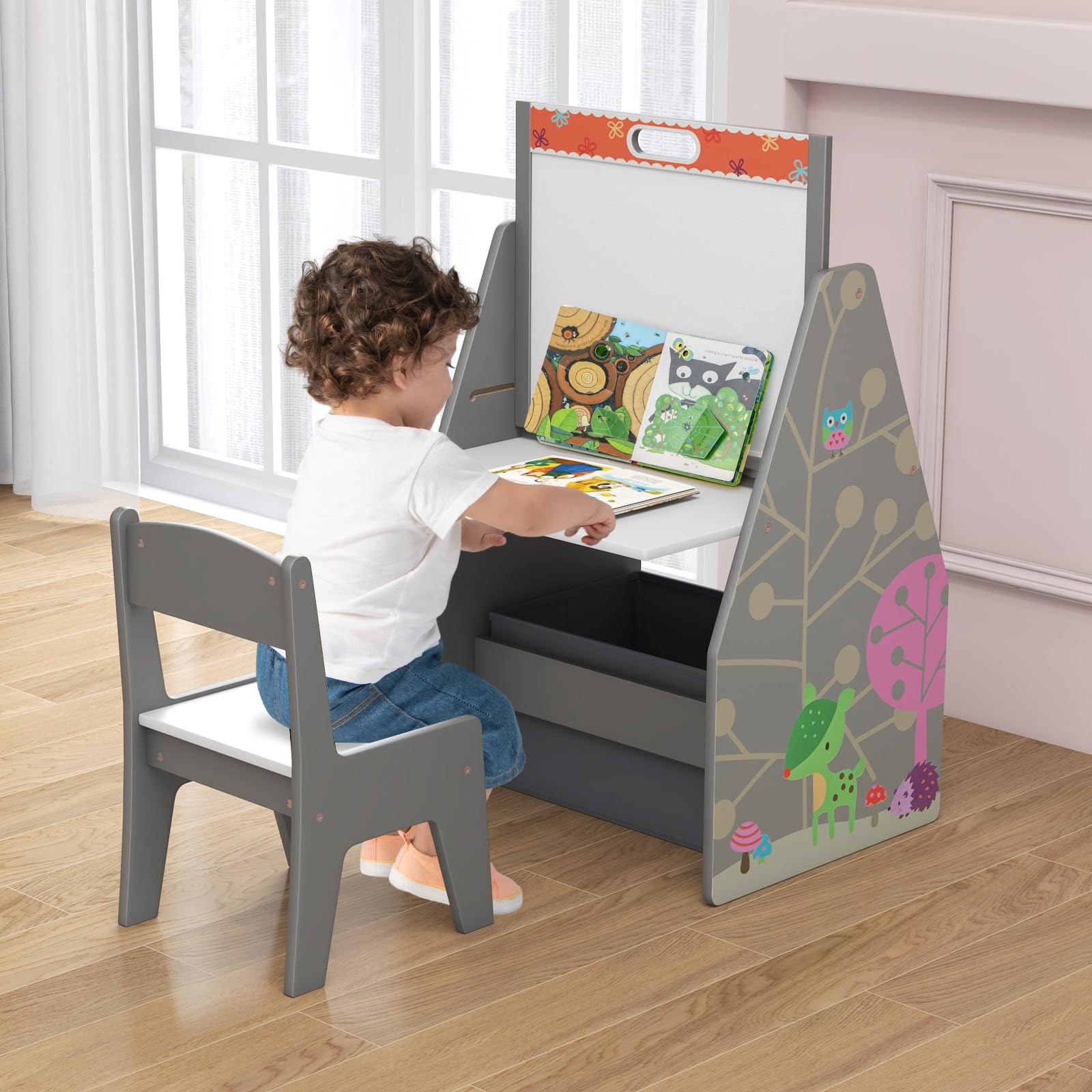 GOPLUS Kinderstaffelei Spieltisch mit Stuhl, Kindertisch und Stuhl-Set mit drehbarer doppelseitiger magnetischer Tafel & Whiteboard, Bücherregal & Aufbewahrungsfach, Maltisch für Kinderzimmer(Grau)